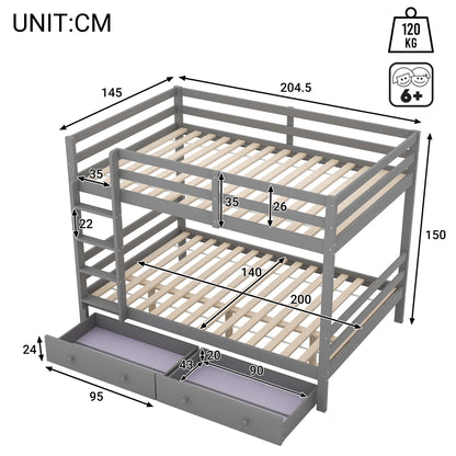 Stapelbed – Hoogslaper – Bed met Bureau – Bed met Opberglades – Multifunctioneel Bed – 90x200 cm – Ingebouwde Stopcontacten & USB – 2 Ruime Lades zonder Matras