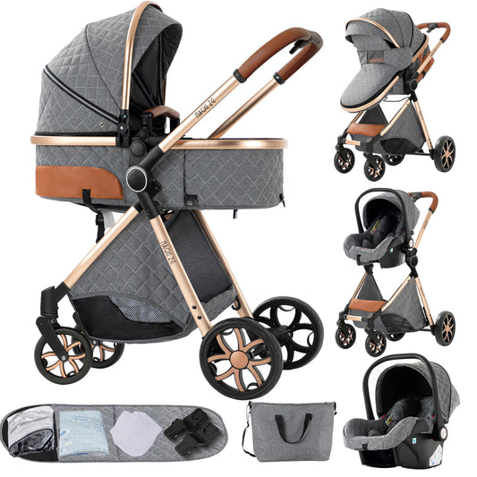 Portable 3 in 1 Baby Stroller with Bassinet and Car Seat Warm Baby Pram High Landscape Infant Pushchair Compact Folding Stroller - QUORE