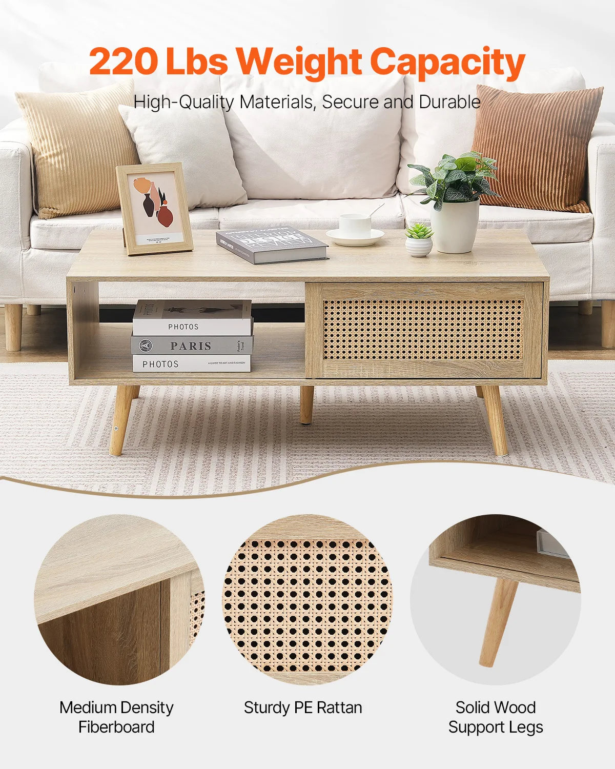 Koffietafel - Table - Coffe table - Living Room Table - Rotan salontafel - Rechthoekige salontafel - Moderne Boho-stijl - 2 lagen opbergruimte - Salontafel voor woonkamer/slaapkamer - 47 inch