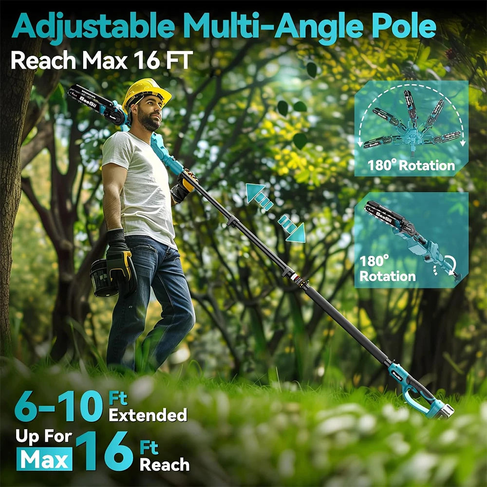 Mini Accu Kettingzaag – 2-in-1 Zaag – Snoeizaag – Telescopische Zaag – Verstelbare Steel – 20 Cm Ketting – Dubbele Lithiumbatterij