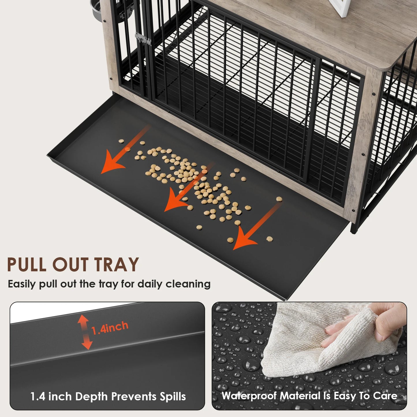 Houten Hondenkennel – Hondenbench – Hondenkooi – Hondenhok – Hondentuin – 2 Verstelbare Roestvrijstalen Voederbakken – Robuust MDF En Stalen Frame – Geschikt Voor Middelgrote Honden - 39inch - Grijs - QUORE