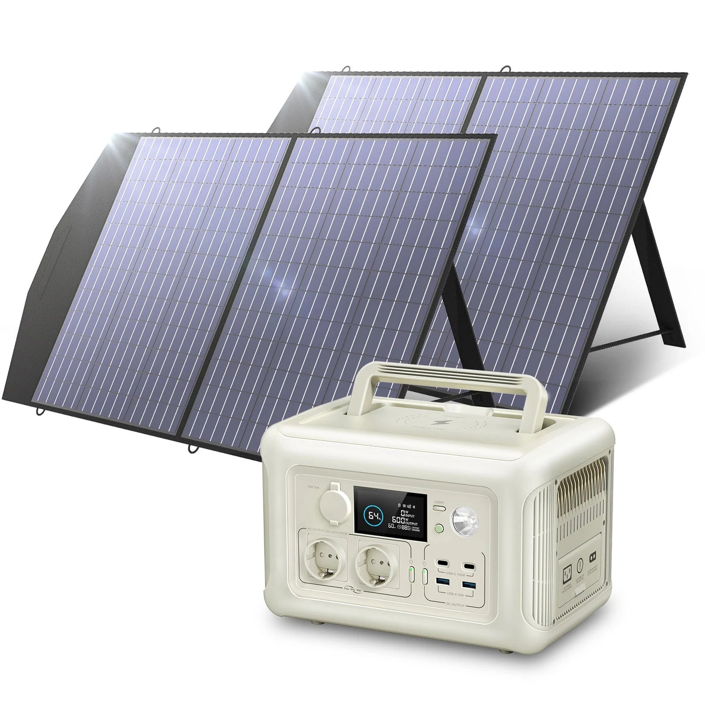 Draagbare Powerstation - Powerbank - Stroomgenerator - Generator - 600W Vermogen – met 2x100W Zonnepaneel - Generatoren - LiFePO4 Batterij – UPS & MPPT Technologie – Geschikt voor Outdoor & Noodstroomvoorziening