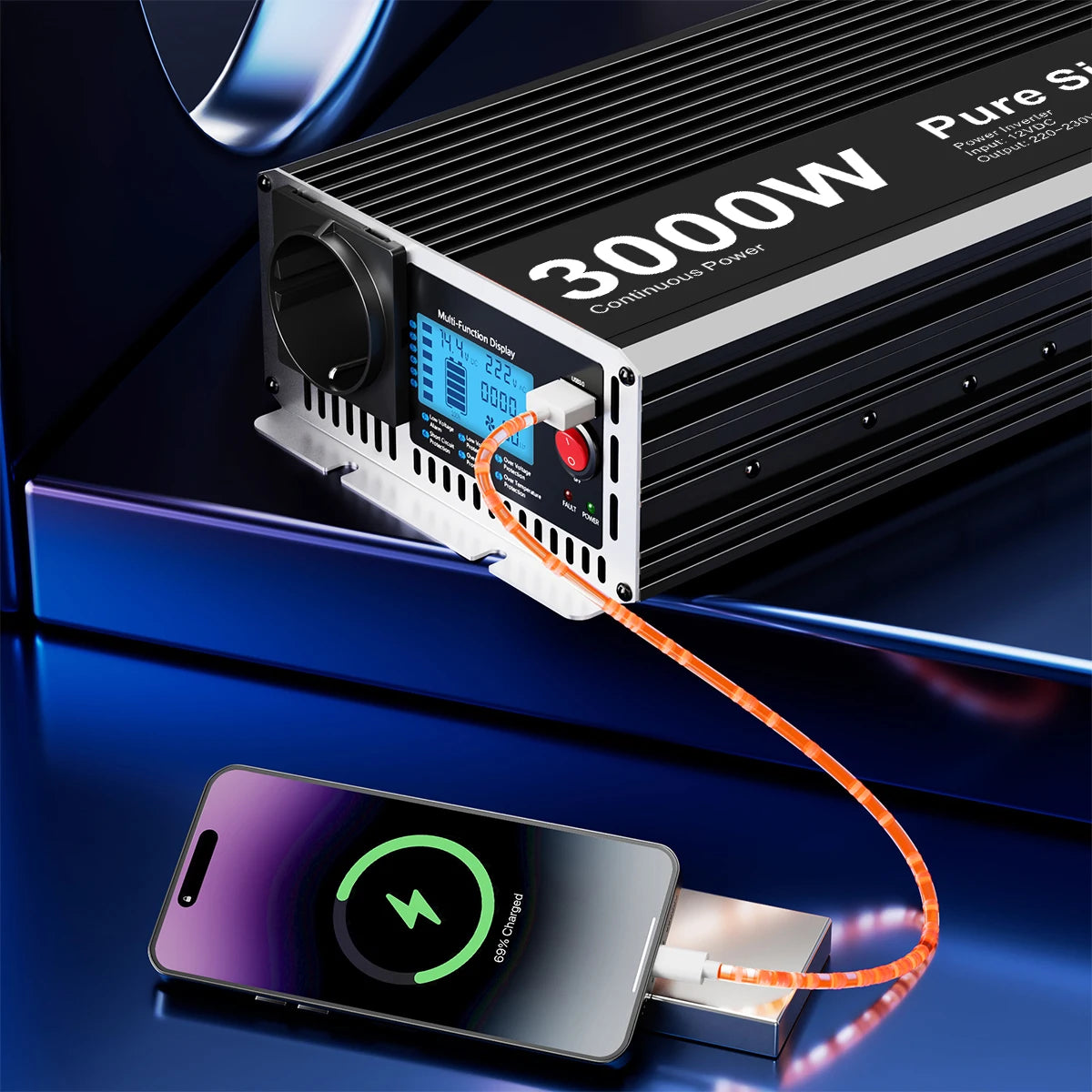 Zuivere Sinusgolfomvormer – Stroomomzetter – Inverter – Mobiele Stroomvoorziening – 4000W – Digitaal Display – Afstandsbediening - 12V