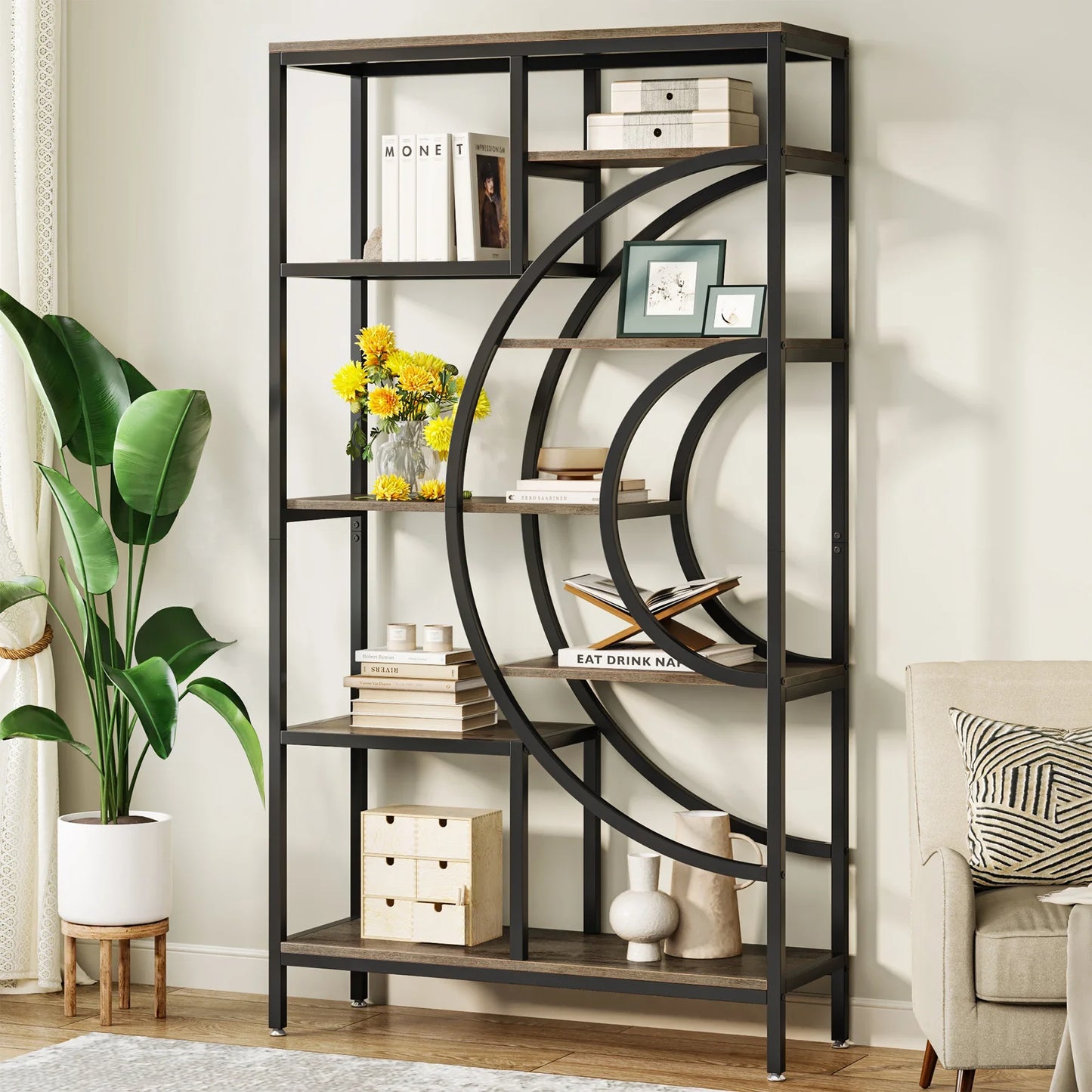 Boekenkast – Open Kast – Plankenrek – Opbergmeubel – Houten Frame – Industrieel Metalen Frame – 8-Laags Geometrisch Design - Zwart - QUORE