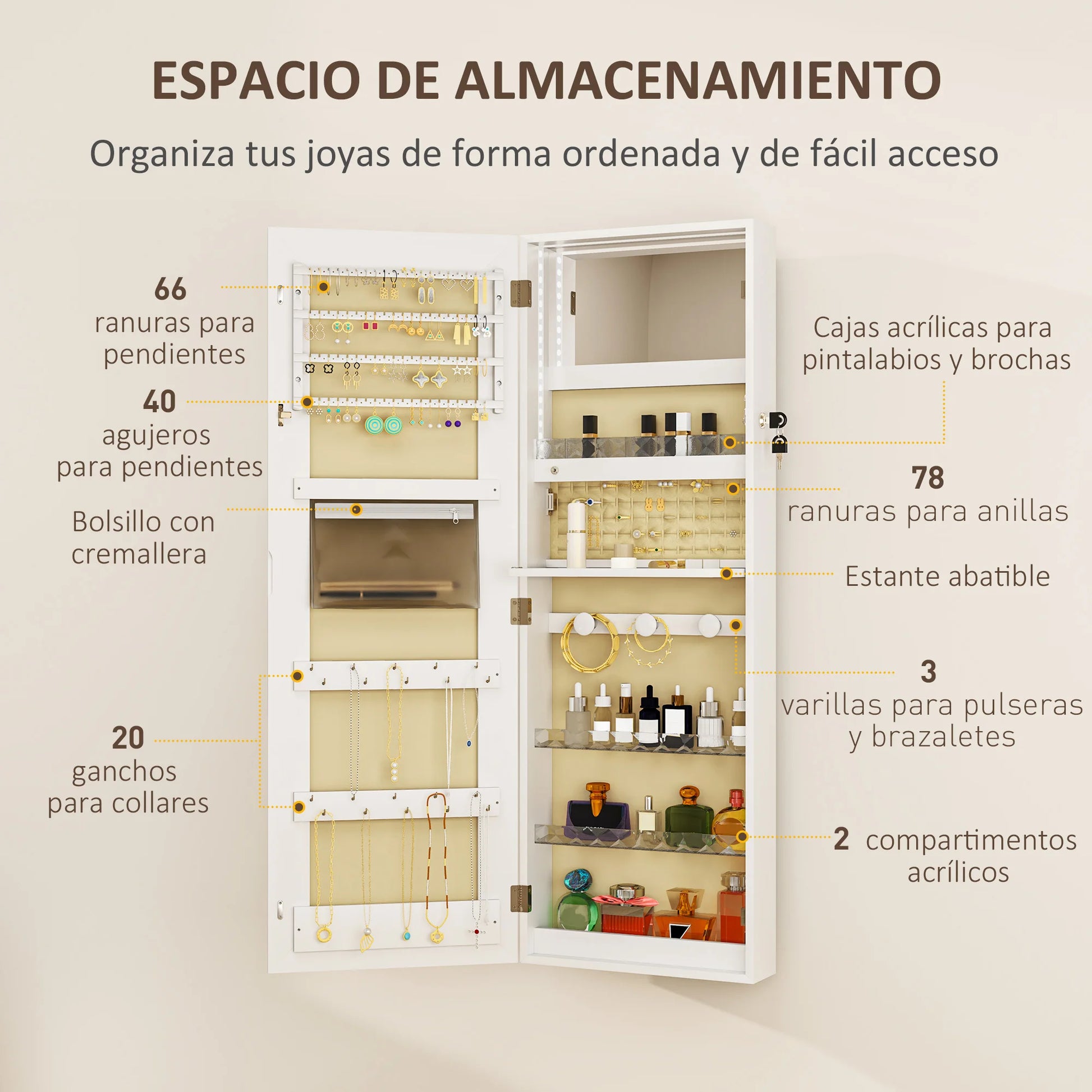 Spiegel Sieradendoos – Sieradenkast – Sieraden Opberger – Make-up Kast – Accessoire Organizer – 360° Draaibare Basis – Tri-color LED-verlichting – Slot Met Sleutels – Beige Bekleding - QUORE