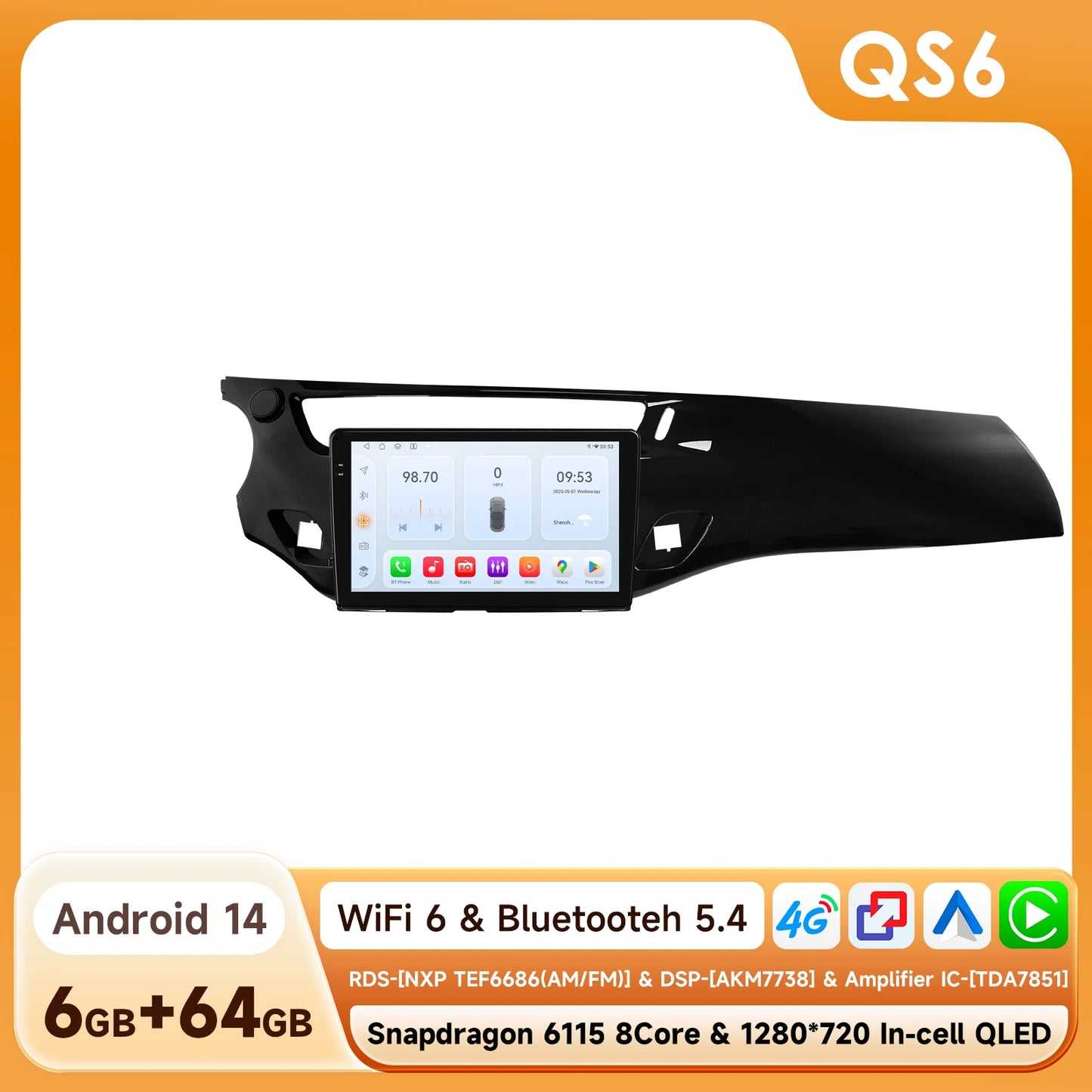 Android 14 Autoradio – Multimedia Systeem – Carplay Radio – GPS Navigatie – Bluetooth Audio – 9 Inch Touchscreen – 8-Core Snapdragon Processor