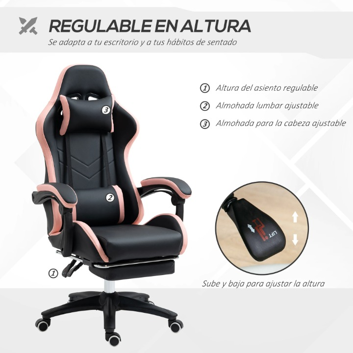 Gaming Stoel - Bureaustoel - Swivel Stoel - met Voetsteun - Hoofdsteun - Verstelbare - Rugleuning - Lendenkussen - Ergonomische - Draaibare - 65 x 65 x 121-129 cm - Zwart & Roze - QUORE