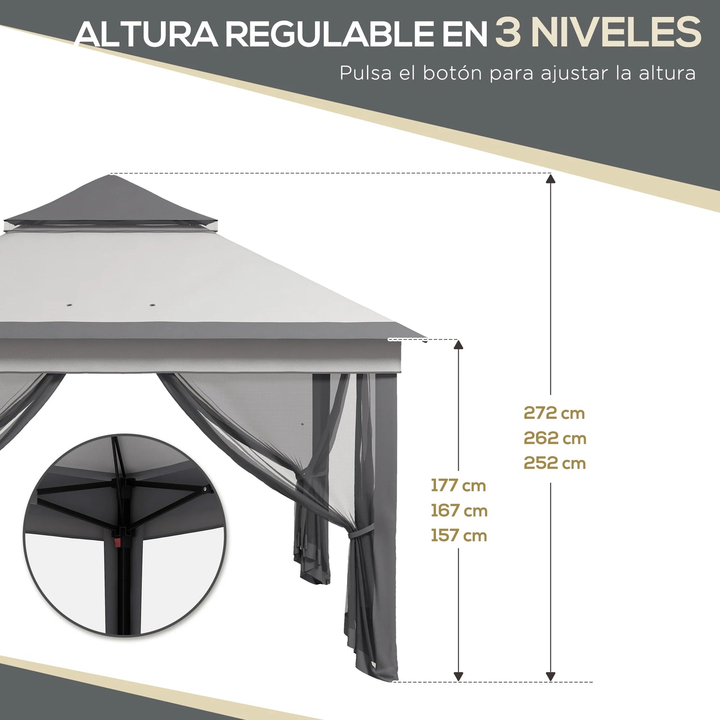 Paviljoen - Tuinpaviljoen - Partytent - Tuintent - Pop-up Kliksysteem - Stabiel - Vouwtent - met Mesh Cover - Draagtas - Opvouwbaar - Waterdicht - Winterbestendig - 50+UV-Bescherming - voor Tuin - Buiten - Achtertuin - 326 x 326 x 272 cm - Grijs - QUORE