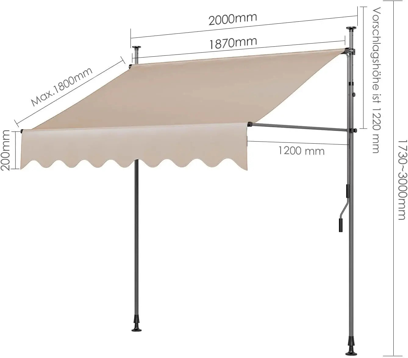 Klemluifel - Zonneluifel - Balkonluifel - Terras-luifel - UV- en Waterbestendig - Aluminium Frame - Handzwengel - Buiten - 200x120 cm - voor Balkon - Tuin - en Terras - Khaki