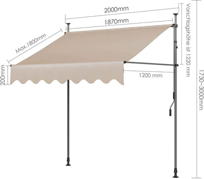 Klemluifel - Zonneluifel - Balkonluifel - Terras-luifel - UV- en Waterbestendig - Aluminium Frame - Handzwengel - Buiten - 200x120 cm - voor Balkon - Tuin - en Terras - Khaki