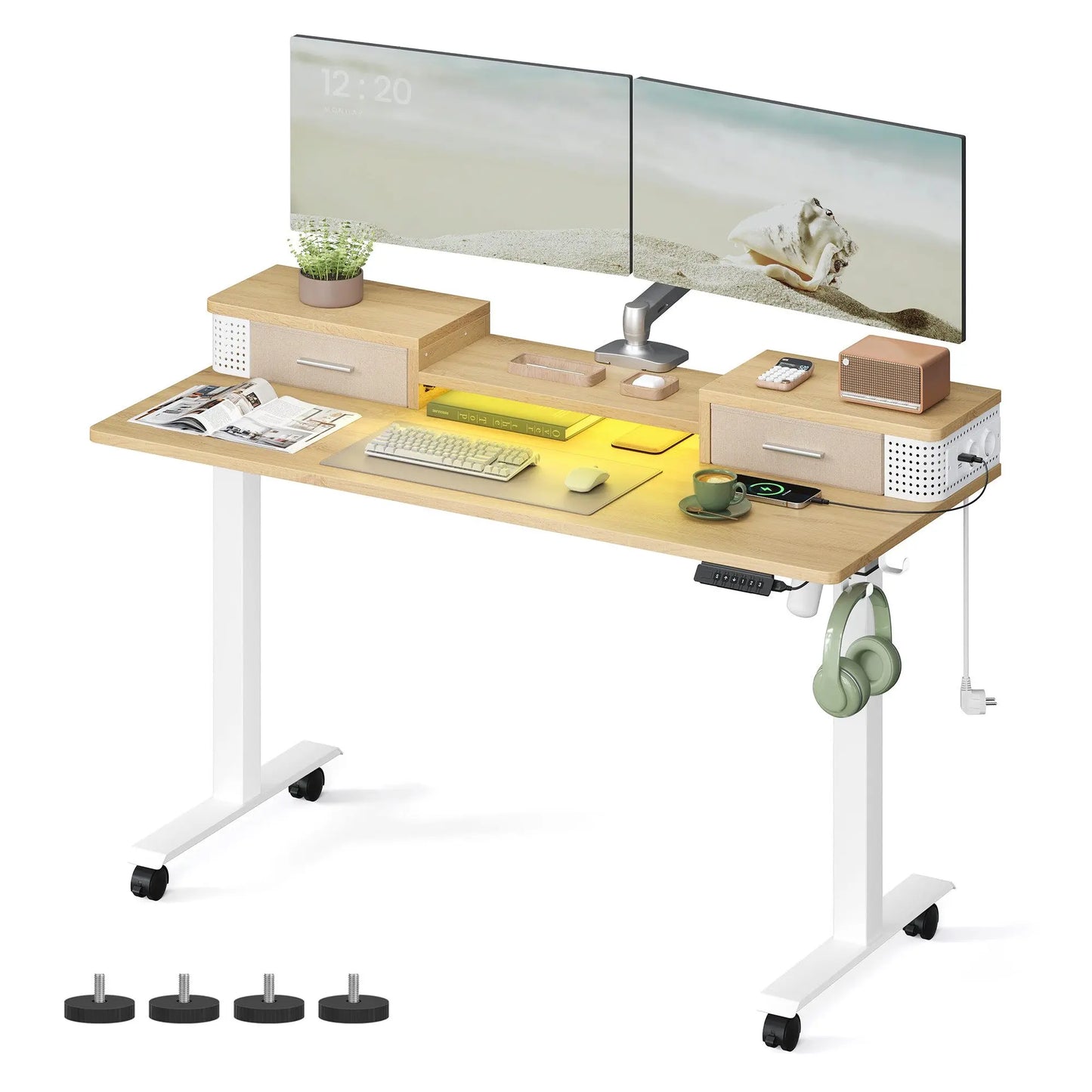 Elektrisch Sta-bureau - Hefbureau - Hoektafel - Monitorstandaard - Verstelbaar - met USB-oplaadpoort - voor Thuiskantoor - 50dB - 60 x 140 x 72-120 cm - Wit