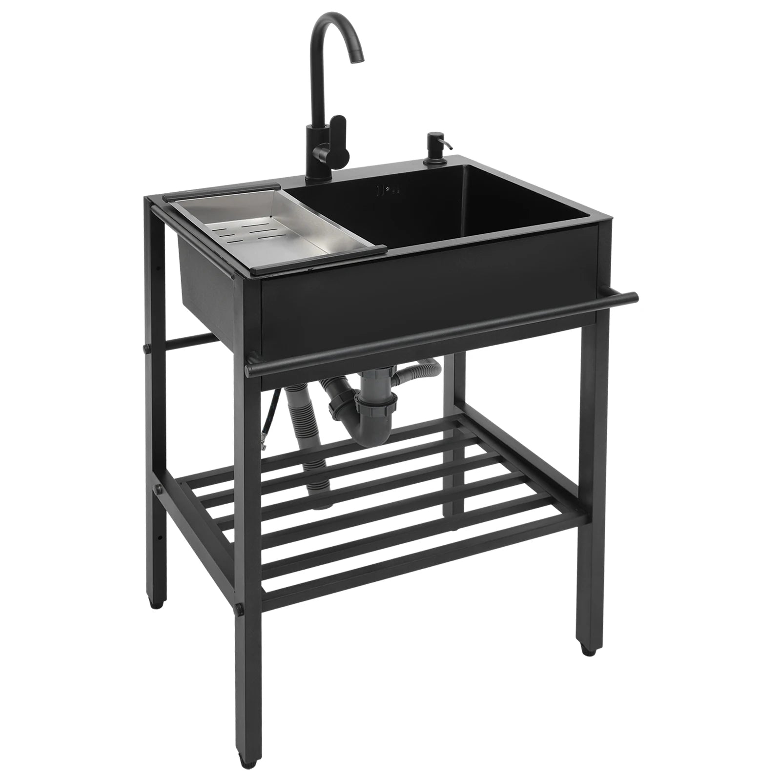 Vrijstaande Keukenspoelbak – Spoelbak, Wasbak, Keukenspoelbak, Inloopbak – Zwart, Rechthoekig – 201 Roestvrij Staal, 360° Draaibare Kraan – 60x45x86 cm, Inclusief Accessoires - QUORE