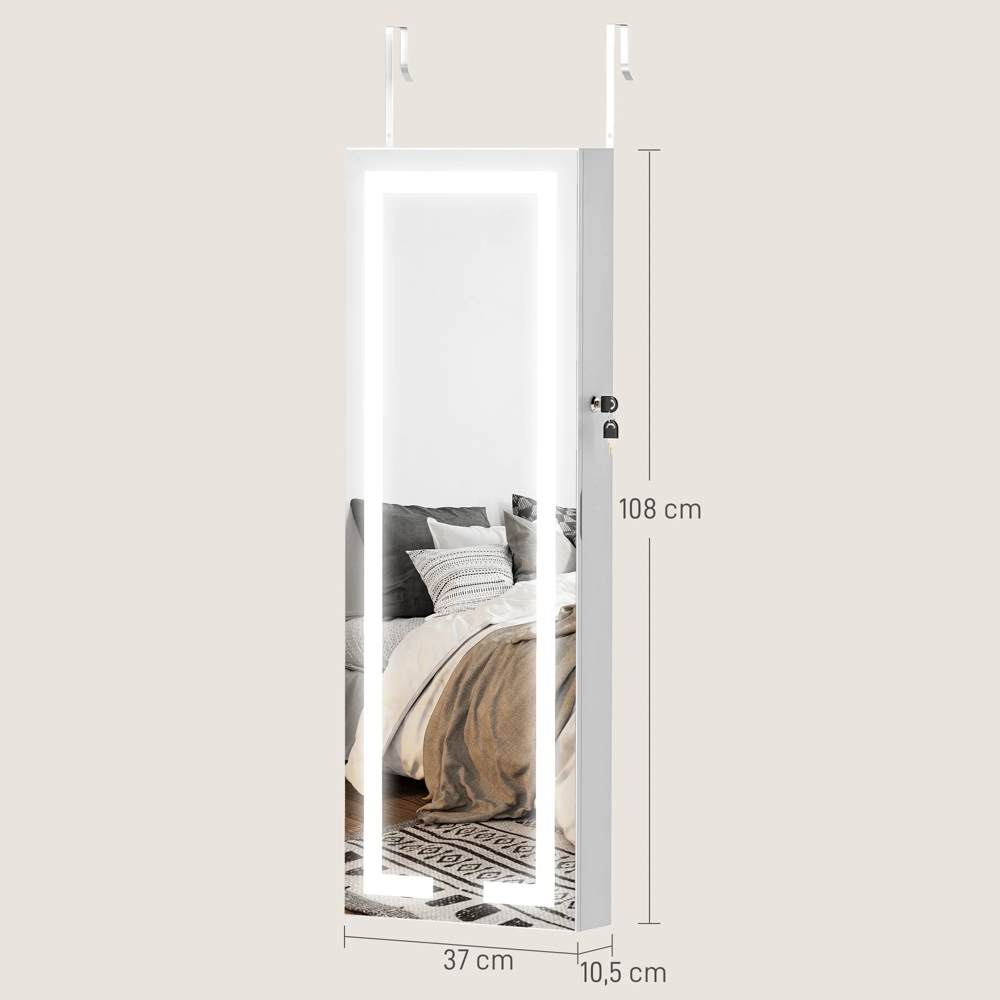 Spiegel Sieradendoos – Sieradenkast – Sieraden Opberger – Make-up Kast – Accessoire Organizer – 360° Draaibare Basis – Tri-color LED-verlichting – Slot Met Sleutels – Beige Bekleding - QUORE
