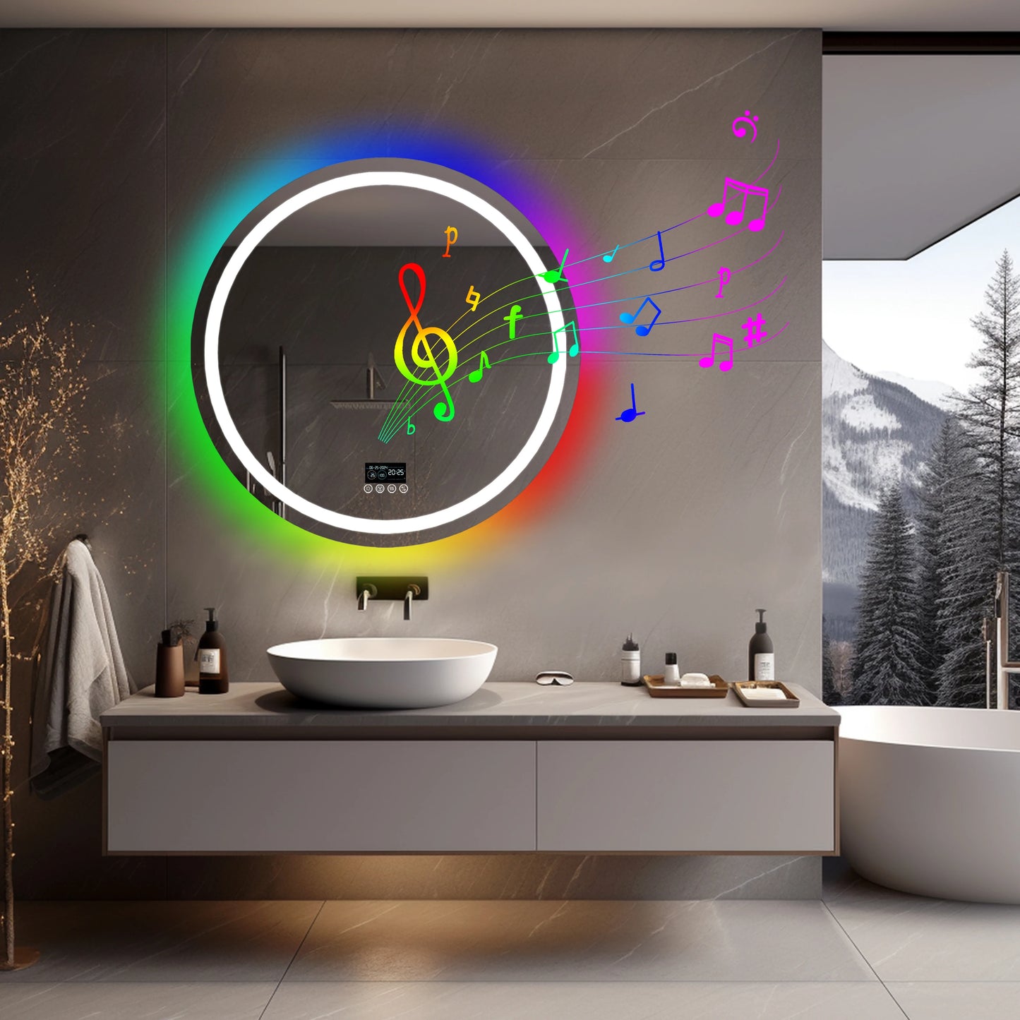 Badkamerspiegel – Spiegel Met Speaker – Led Spiegel – Anti-Fog Spiegel – Frameloos Design – Bluetooth Speaker – Driedelige Ledverlichting - Rond - 80x80cm RGB