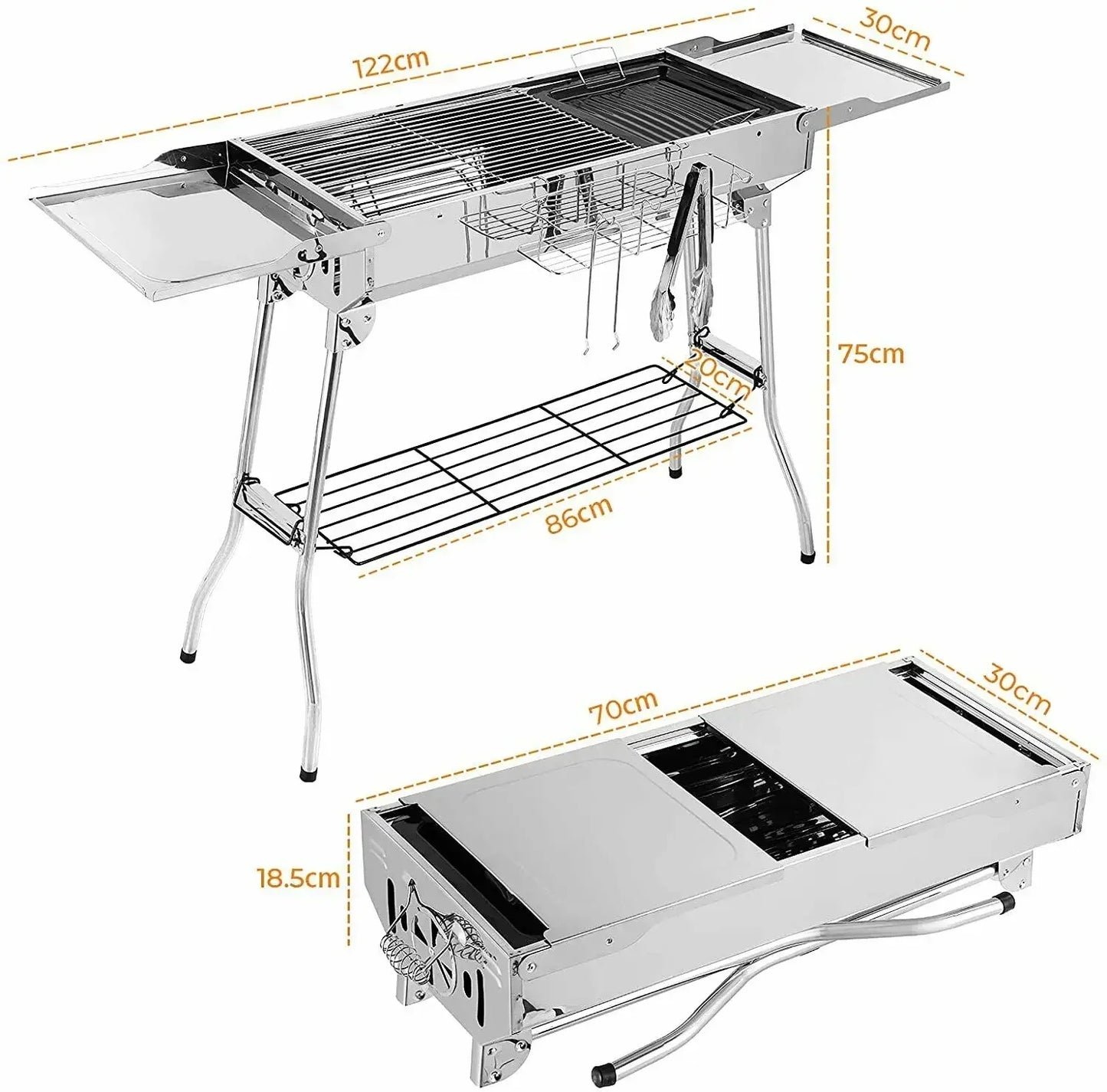 BBQ - BBQ Houtskool - Barbecue - Grill - RVS - met Dubbele Opklapbare Zijkanten, Antiaanbakpan en Verstelbare Ventilatie – Draagbare Camping BBQ - Zilver