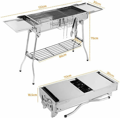 BBQ - BBQ Houtskool - Barbecue - Grill - RVS - met Dubbele Opklapbare Zijkanten, Antiaanbakpan en Verstelbare Ventilatie – Draagbare Camping BBQ - Zilver