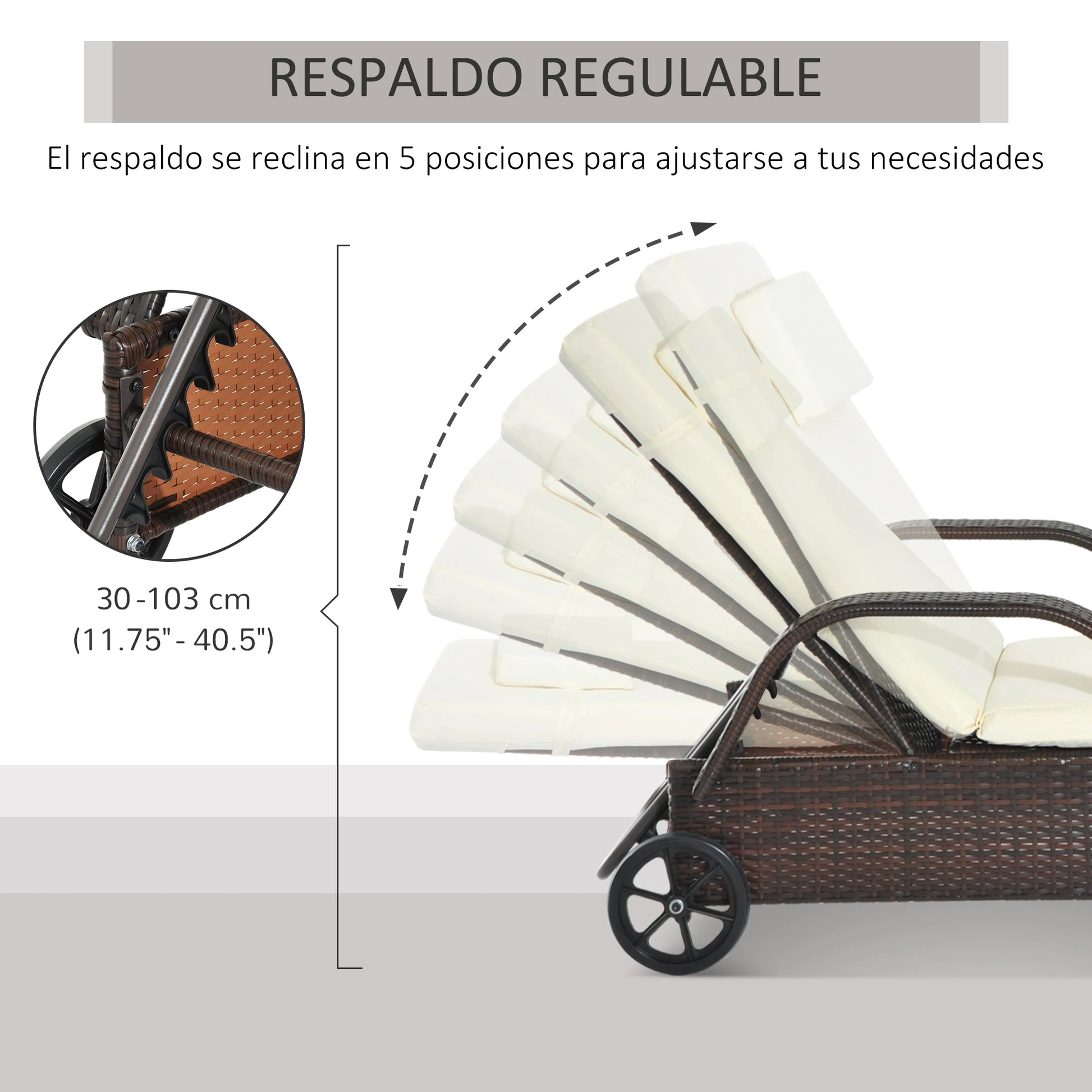Rattan Tuin Lounger met Verstelbare Rugleuning en Kussens - 2 Wielen - Bruin Outdoor Zonnebed - QUORE