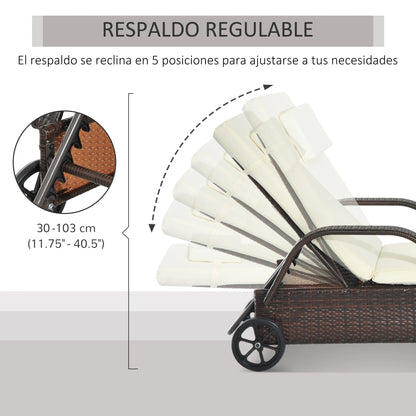 Rattan Tuin Lounger met Verstelbare Rugleuning en Kussens - 2 Wielen - Bruin Outdoor Zonnebed - QUORE
