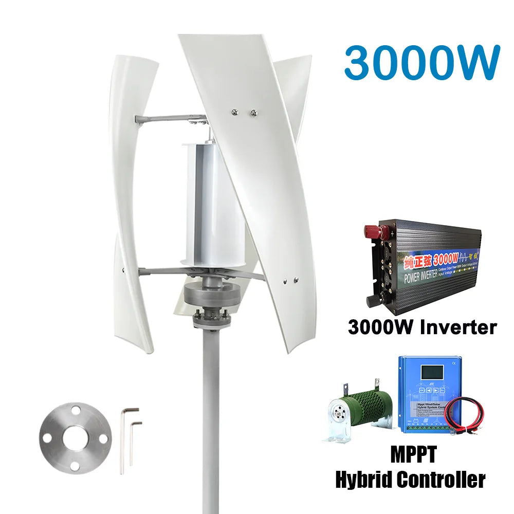 Windturbine – Windgenerator – Windmolen – Duurzame Energie – 3000W Vermogen – Aluminium Behuizing - Wit - 12V - Met Inverte Systeem