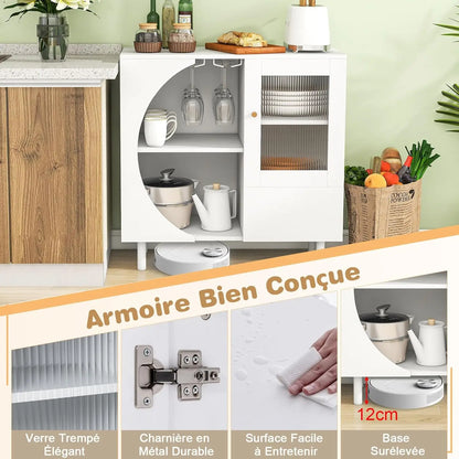 Houten Buffetkast met 3 Deuren, Open Rek & Wijnglashouder voor 6–8 Glazen – Dressoir met Metalen Poten voor Eetkamer, Keuken of Woonkamer – 80 x 30 x 80 cm