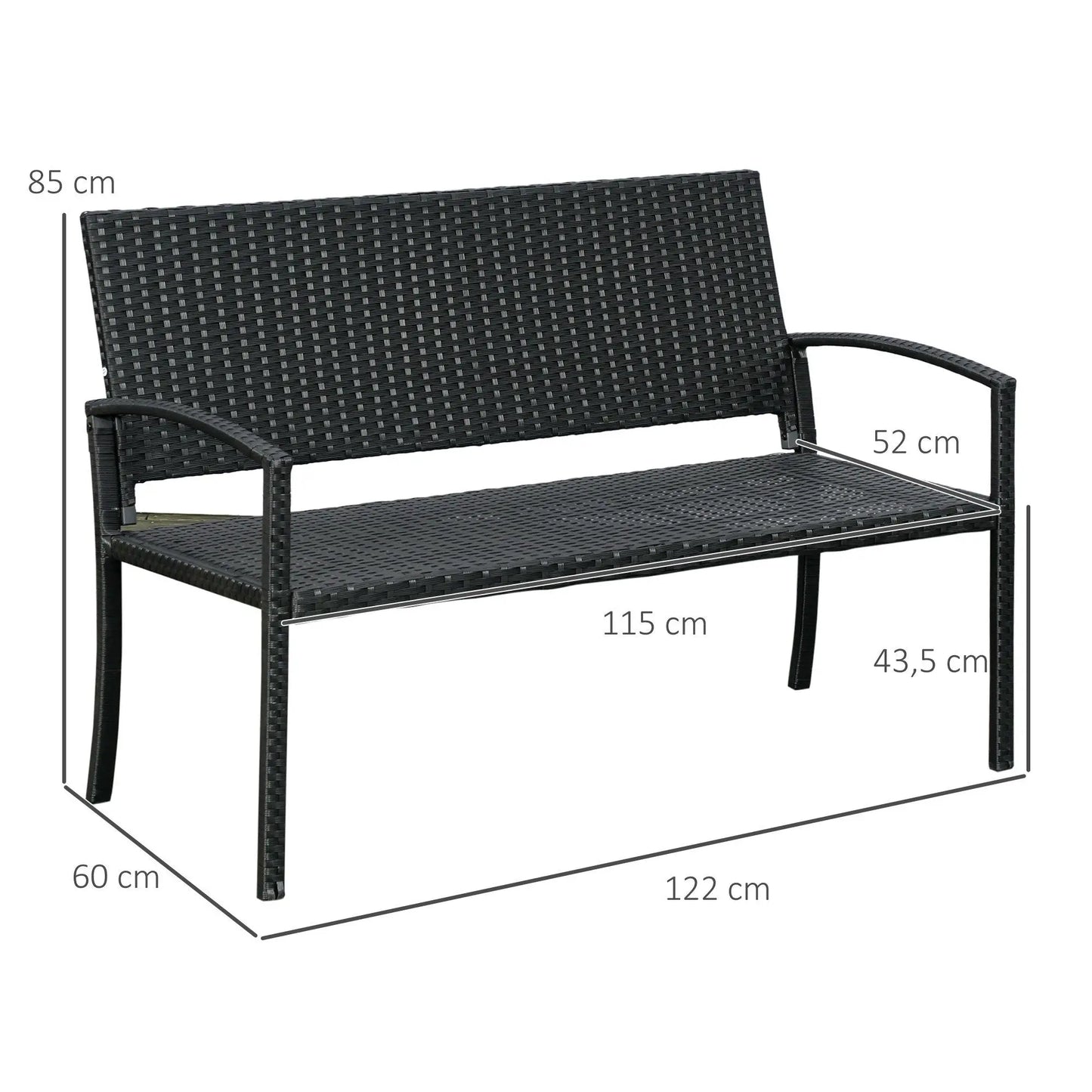 Tuinbank - Wicker Tuinbankje - Loungebank - Balkonset -  Weerbestendige PU Rotan Bank met Stalen Frame, Lichtgewicht en Geschikt voor Jaarlijks Buitengebruik - Enkelzijdig - Grijs - QUORE