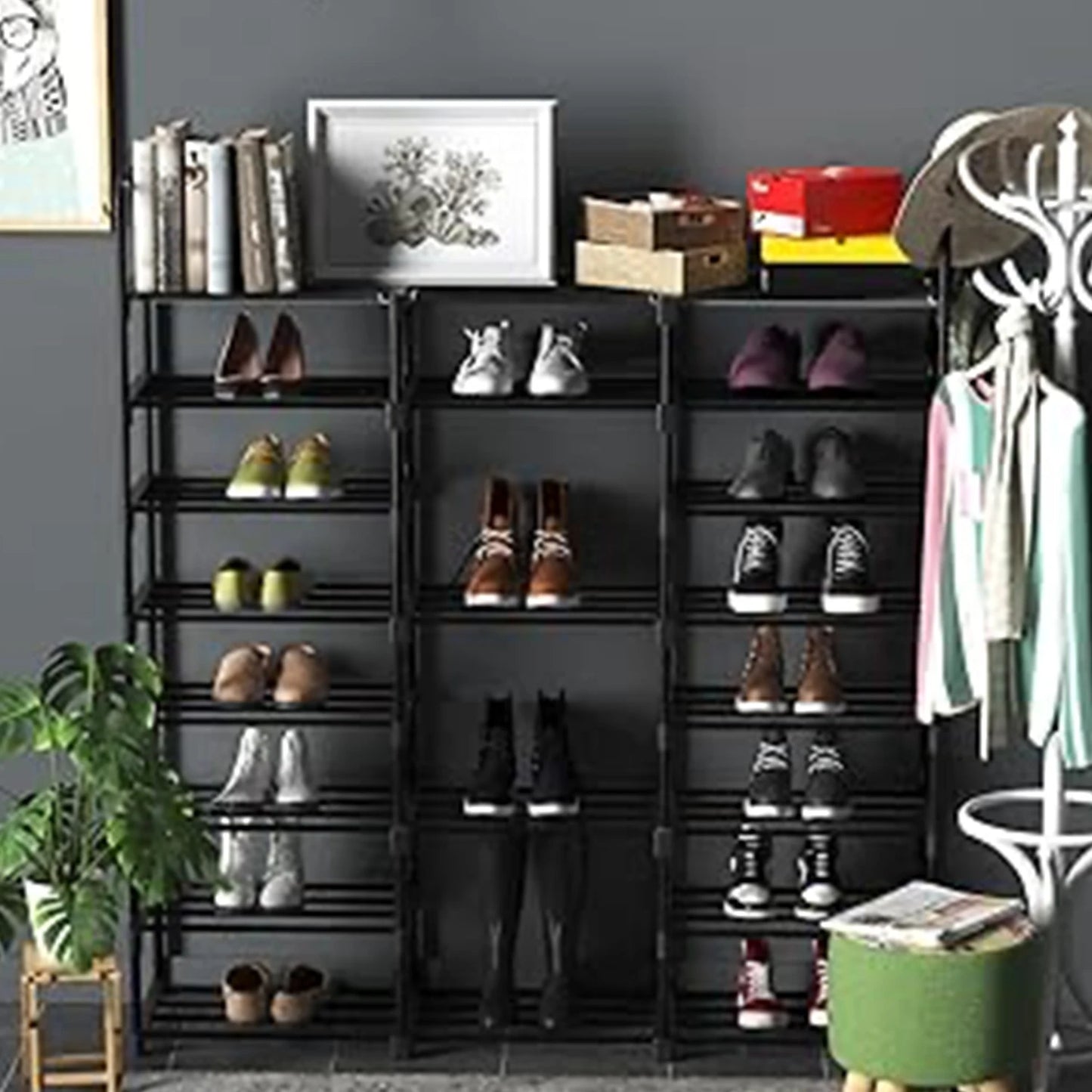 Grote-Schoenenrek - Kastplank-Metaal-Kunststof - Schoenenorganizer - Duurzame-Montage - Minimalistisch-Design - Opbergorganizer - Stapelbare-Schoenentoren - Zwart