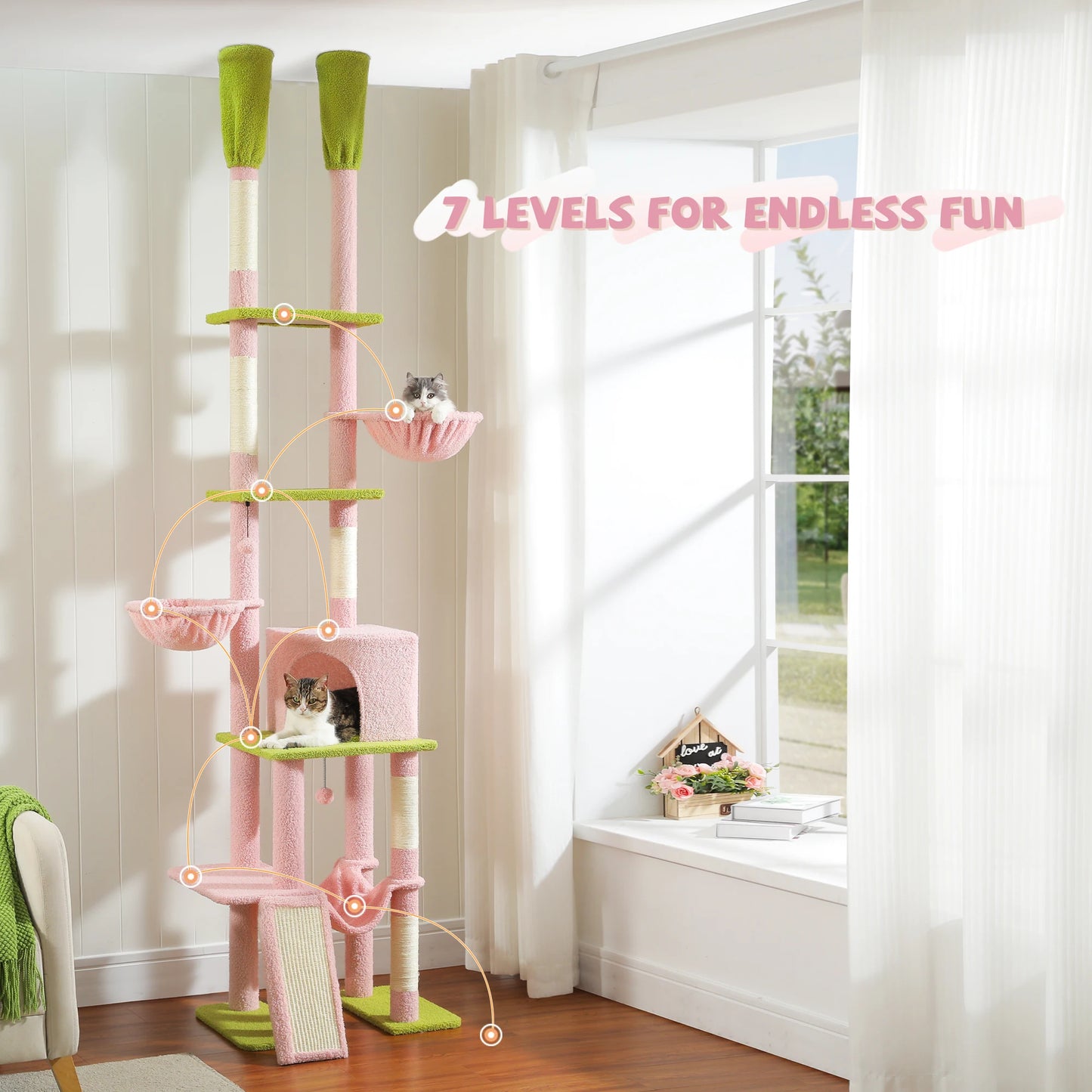 Kattenboom – Krabpaal - Katten Klimmuur - Kattenmeubel - met Hangmatten en Huisjes - Verstelbare Hoogte - 216-285cm - Sisal Krabpalen - Roze