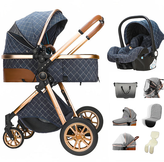 3-In-1 Kinderwagen – Reiswieg – Autostoeltje – Wandelwagen – Compact Opvouwbaar – Roestvrij Staal Frame – Geschikt Vanaf Geboorte - Blauw