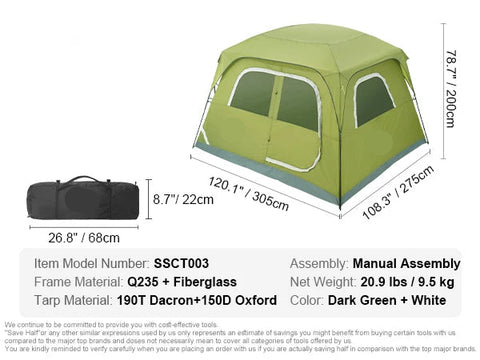 Kampeertent - Tent - Kampeertent 6 Personen - Waterdicht - Buitentent - UV -Bescherming - 10x9x7ft - Snelle Opzet - Inclusief Draagtas