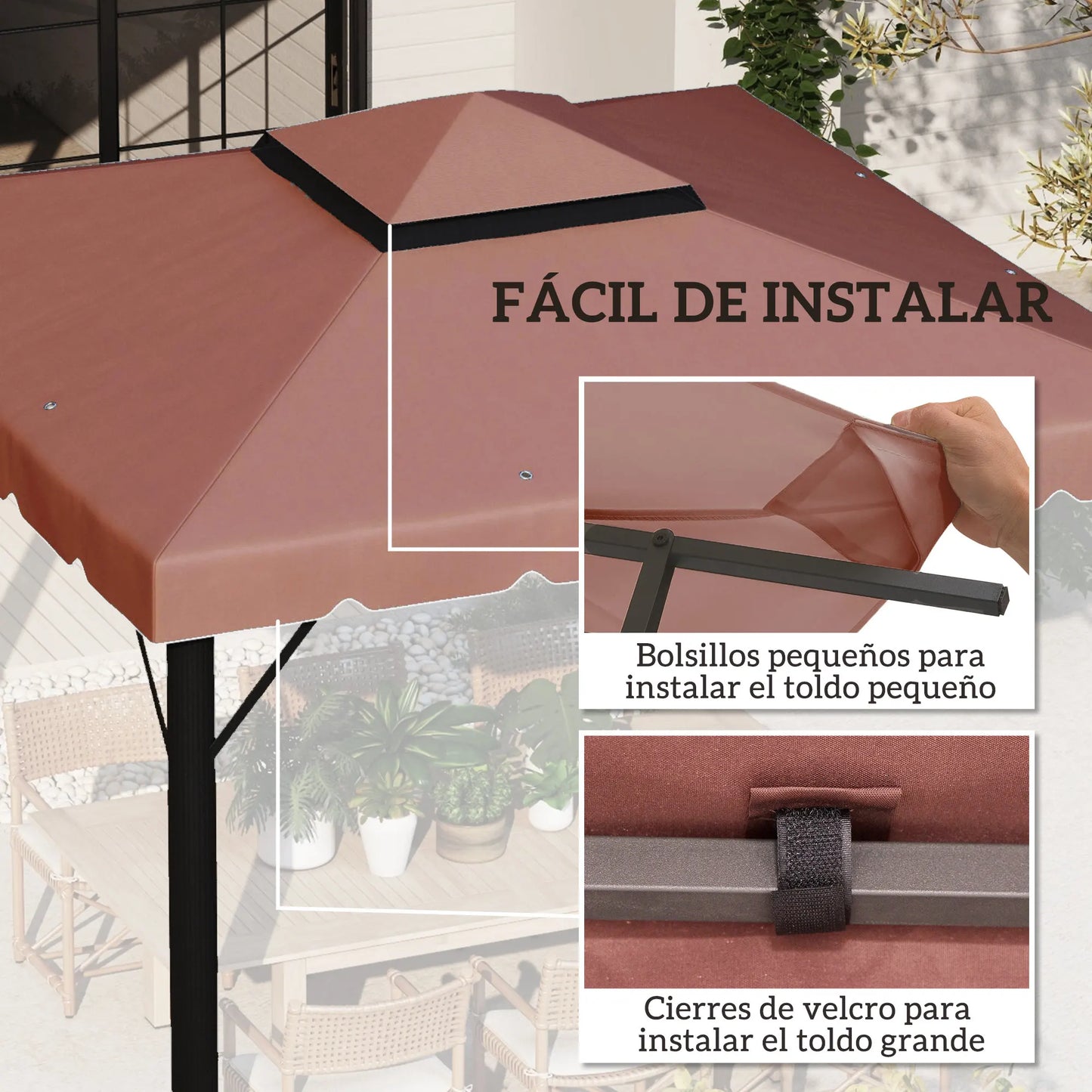 Gazebo - Tuin Dak - Reservedak - 2 Niveaus - Pergola Awning - met 170 g/m² Ademend Anti-UV Polyesterweefsel - PA-Coating - Stevig - Durzaam - voor Tuin - Buiten - 3 x 3 m - Chocolade