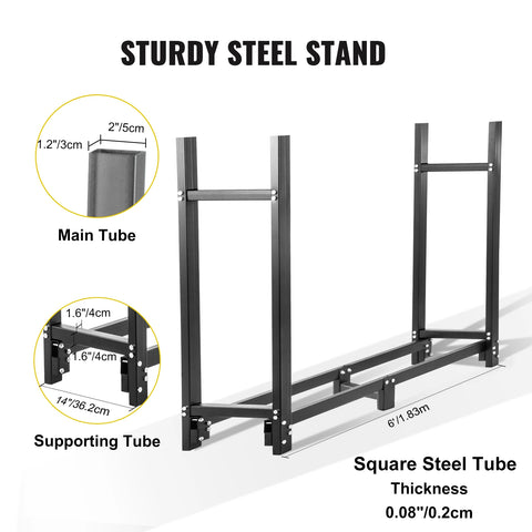 Brandhoutrek - Metalen brandhoutrek - Brandhoutopslagrek - Opslagrek - Opslagrek voor brandhout binnen - Opslagrek voor brandhout - Openhaardopslagrek - 6ft - met waterdichte hoes - Zwart
