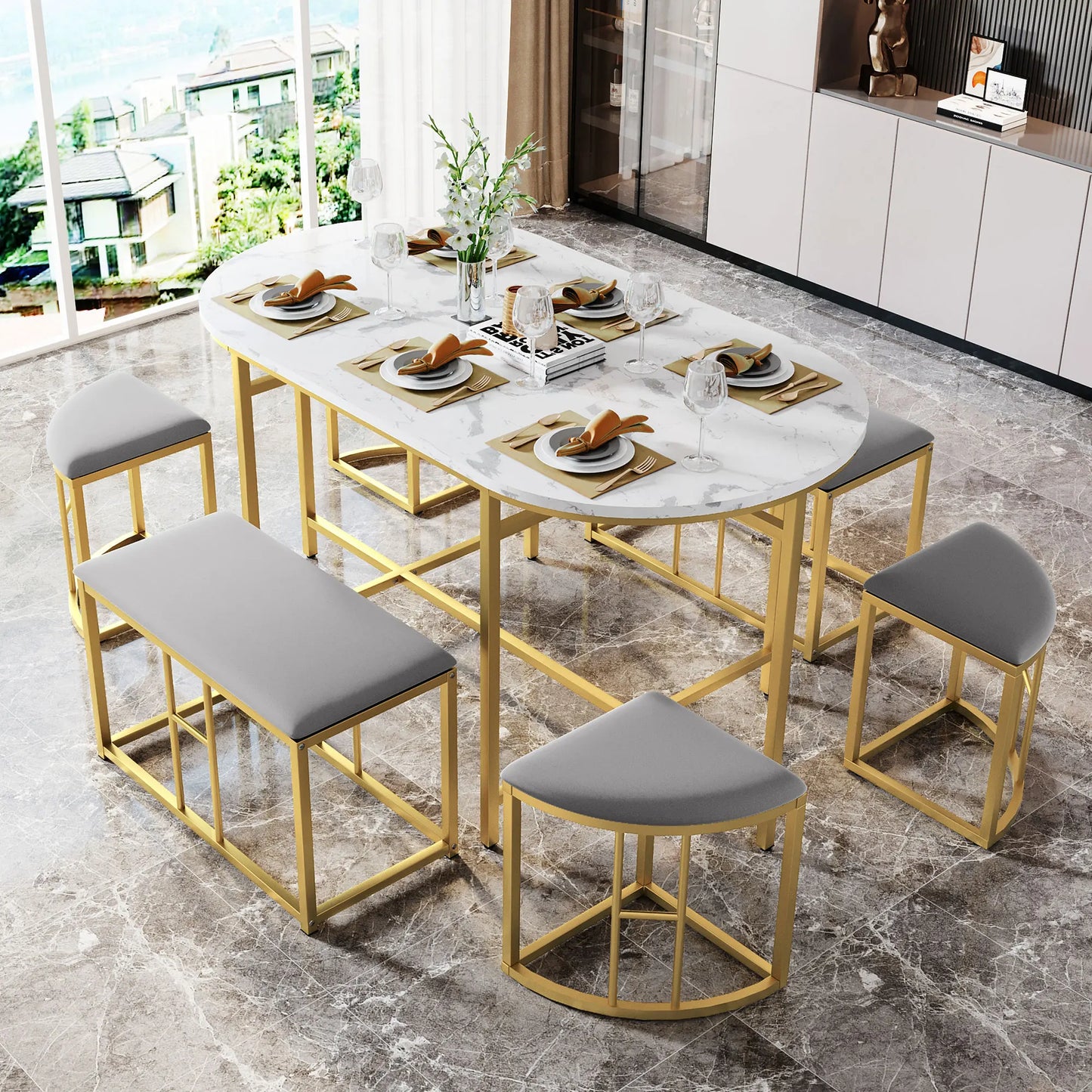 Eettafelset – Eettafel Met Krukjes – Eettafel Incl. Kruk – Moderne Eettafel – Marmerlook Tafelblad – Stevig MDF Frame - Goud
