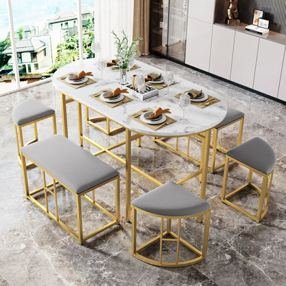 Eettafelset – Eettafel Met Krukjes – Eettafel Incl. Kruk – Moderne Eettafel – Marmerlook Tafelblad – Stevig MDF Frame - Goud