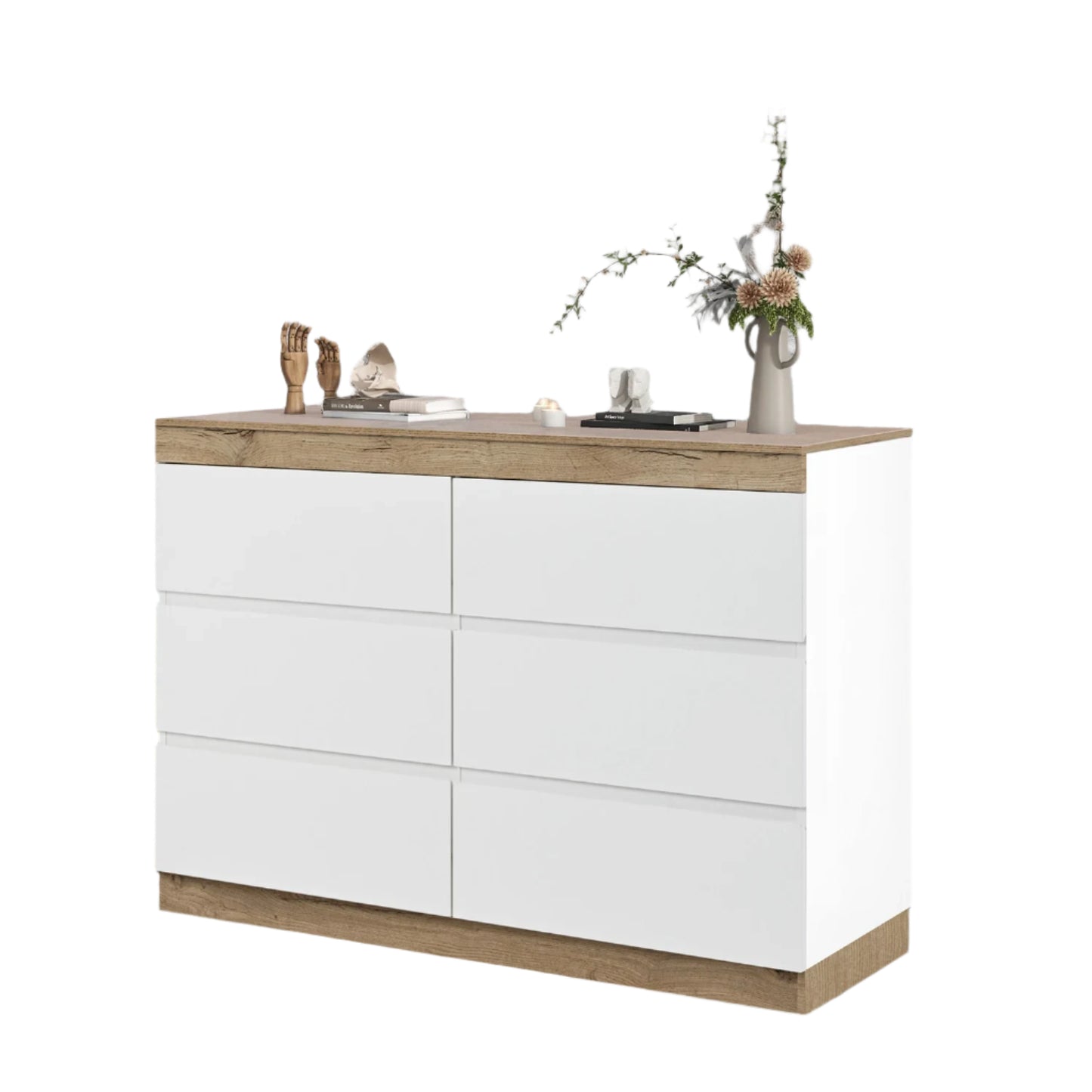 Kast – Ladekast – Opbergkast – Kast Met Laden – Minimalistisch Design – 6 Ruime Lades – E1 Spaanplaat Met Eikenlook - 110 x 40 x 67.5 cm - Wit - QUORE
