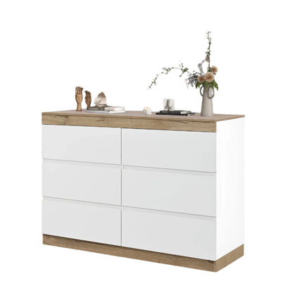 Kast – Ladekast – Opbergkast – Kast Met Laden – Minimalistisch Design – 6 Ruime Lades – E1 Spaanplaat Met Eikenlook - 110 x 40 x 67.5 cm - Wit - QUORE