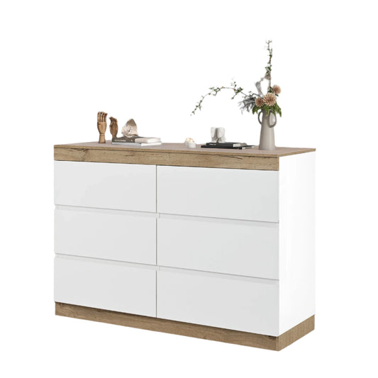 Kast – Ladekast – Opbergkast – Kast Met Laden – Minimalistisch Design – 6 Ruime Lades – E1 Spaanplaat Met Eikenlook - 110 x 40 x 67.5 cm - Wit - QUORE