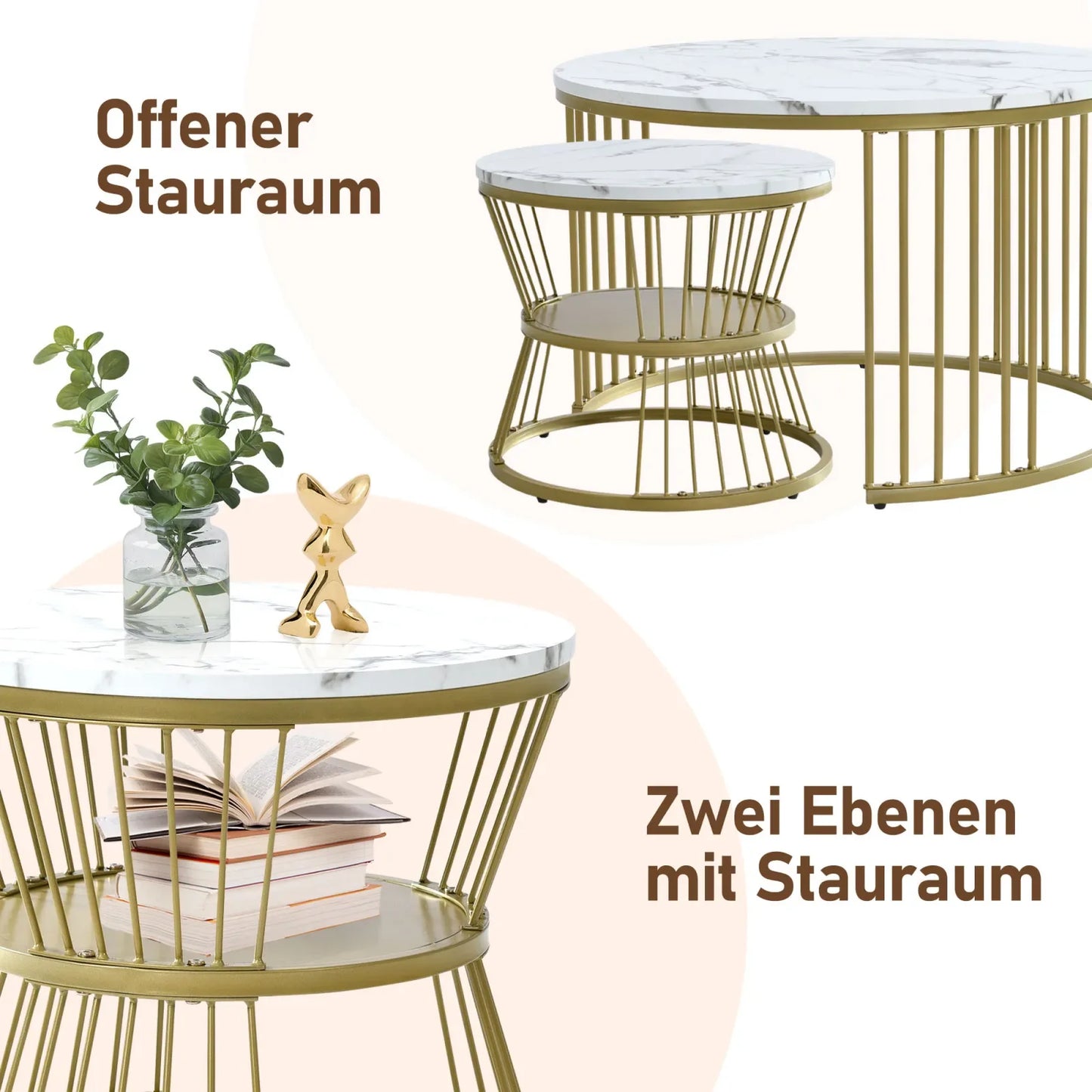 Nesting Salontafel Set – Salontafel – Bijzettafel – Sofa Tafel – Rond Tafeltje – Wit – MDF Marmerfineer – Goud Metalen Frame – Ruimtebesparend Design – Draagvermogen 30 kg - QUORE