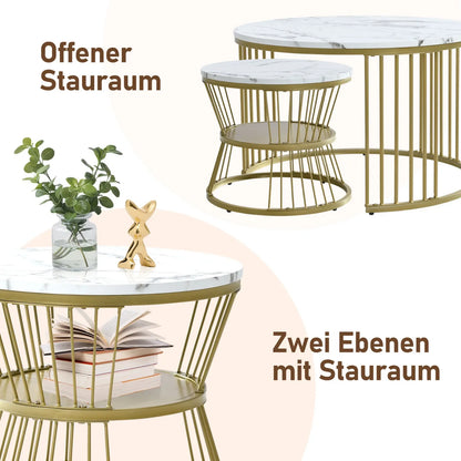 Nesting Salontafel Set – Salontafel – Bijzettafel – Sofa Tafel – Rond Tafeltje – Wit – MDF Marmerfineer – Goud Metalen Frame – Ruimtebesparend Design – Draagvermogen 30 kg - QUORE