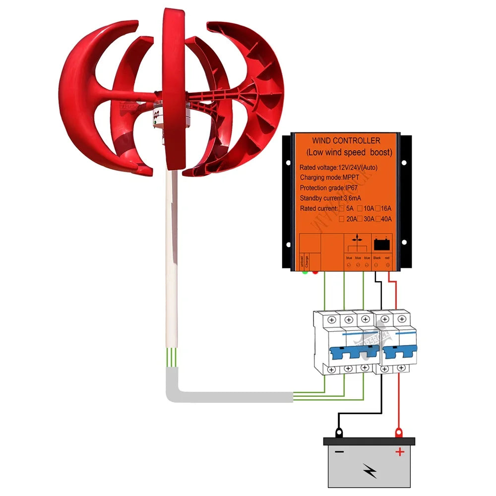 Windturbine - Windmolen - Windturbine Generator - Windenergie - Verticale As - 400W - 24V - met MPPT Controller - 5 Messen - Stille & Efficiënte Energieoplossing - voor Thuisgebruik en Off Grid Systemen - Rood