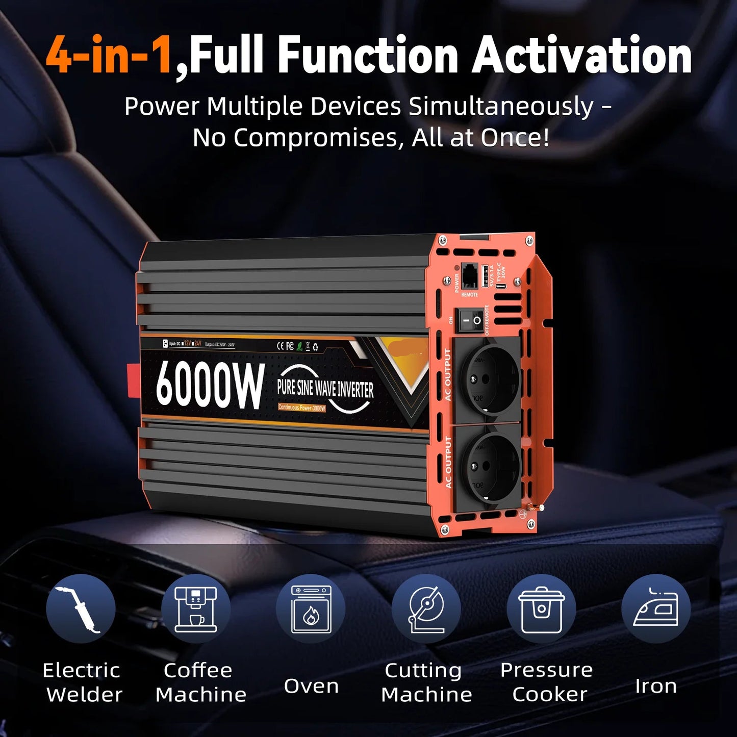 Zuivere Sinusomvormer – 6000W Omvormer – 12V - DC Naar AC Converter – Stabiele Stroom – Aluminiumbehuizing – Beveiligd Tegen Kortsluiting