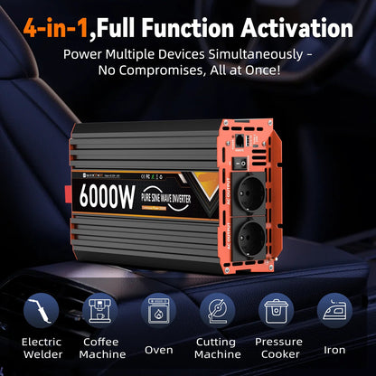 Zuivere Sinusomvormer – 6000W Omvormer – 12V - DC Naar AC Converter – Stabiele Stroom – Aluminiumbehuizing – Beveiligd Tegen Kortsluiting