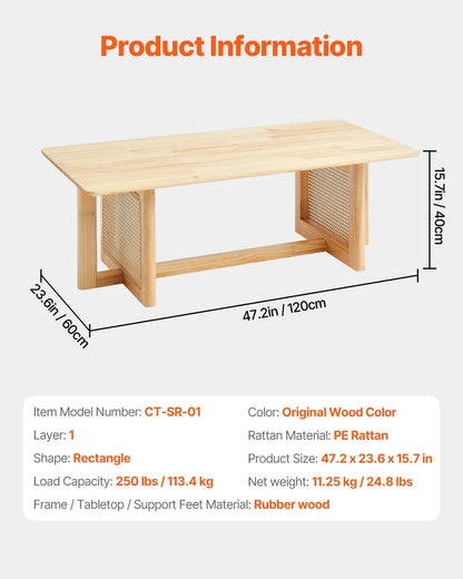 Koffietafel - Table - Coffe table - Living Room Table - Rotan salontafel - Rechthoekige salontafel - Moderne Boho-stijl - 2 lagen opbergruimte - Salontafel voor woonkamer/slaapkamer - 47 inch