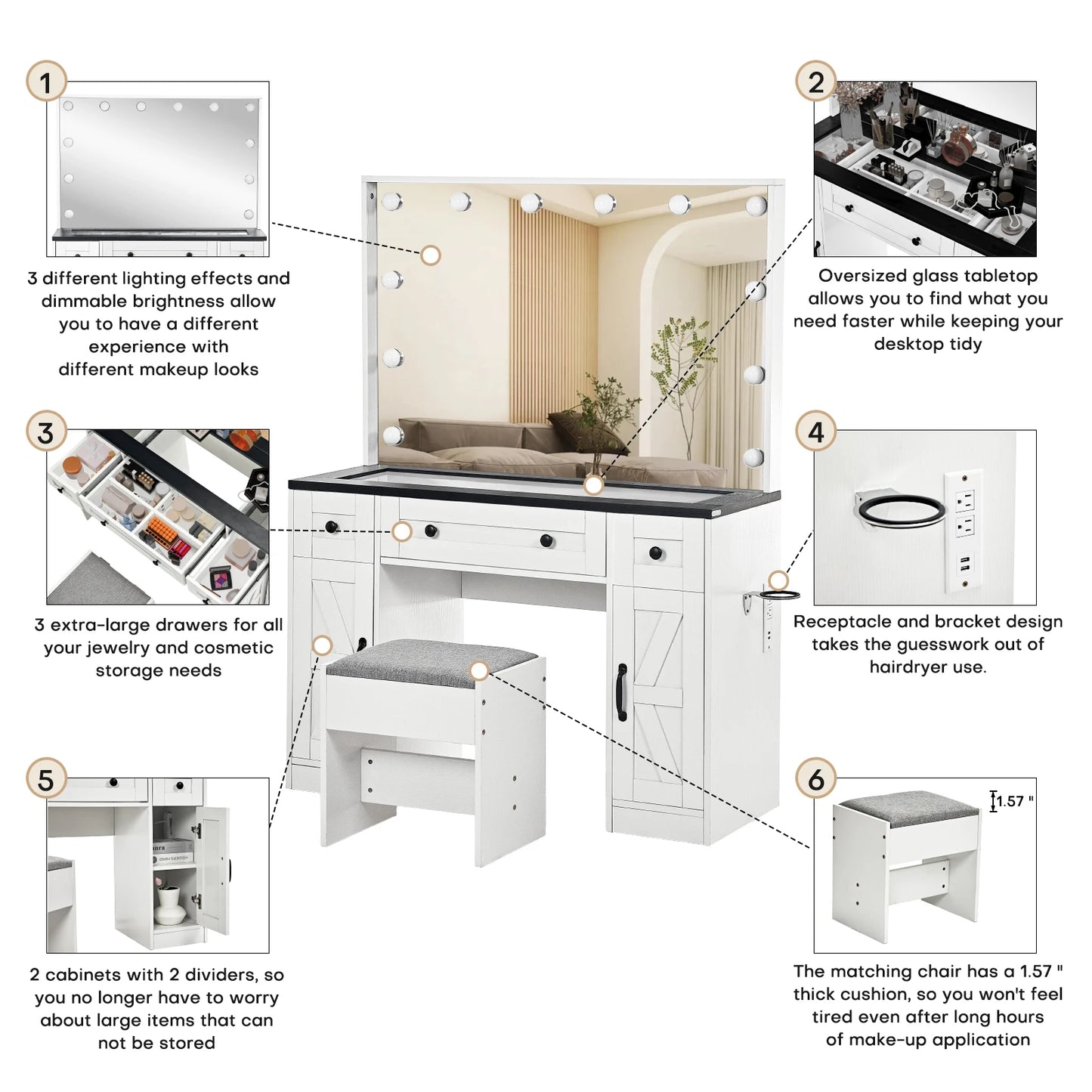 Make-Up Tafel – Make-Up Bureau – Dressing Tafel – Visagie Tafel – Verlichte Spiegel – Ruime Opbergruimte – Inclusief Comfortabele Kruk