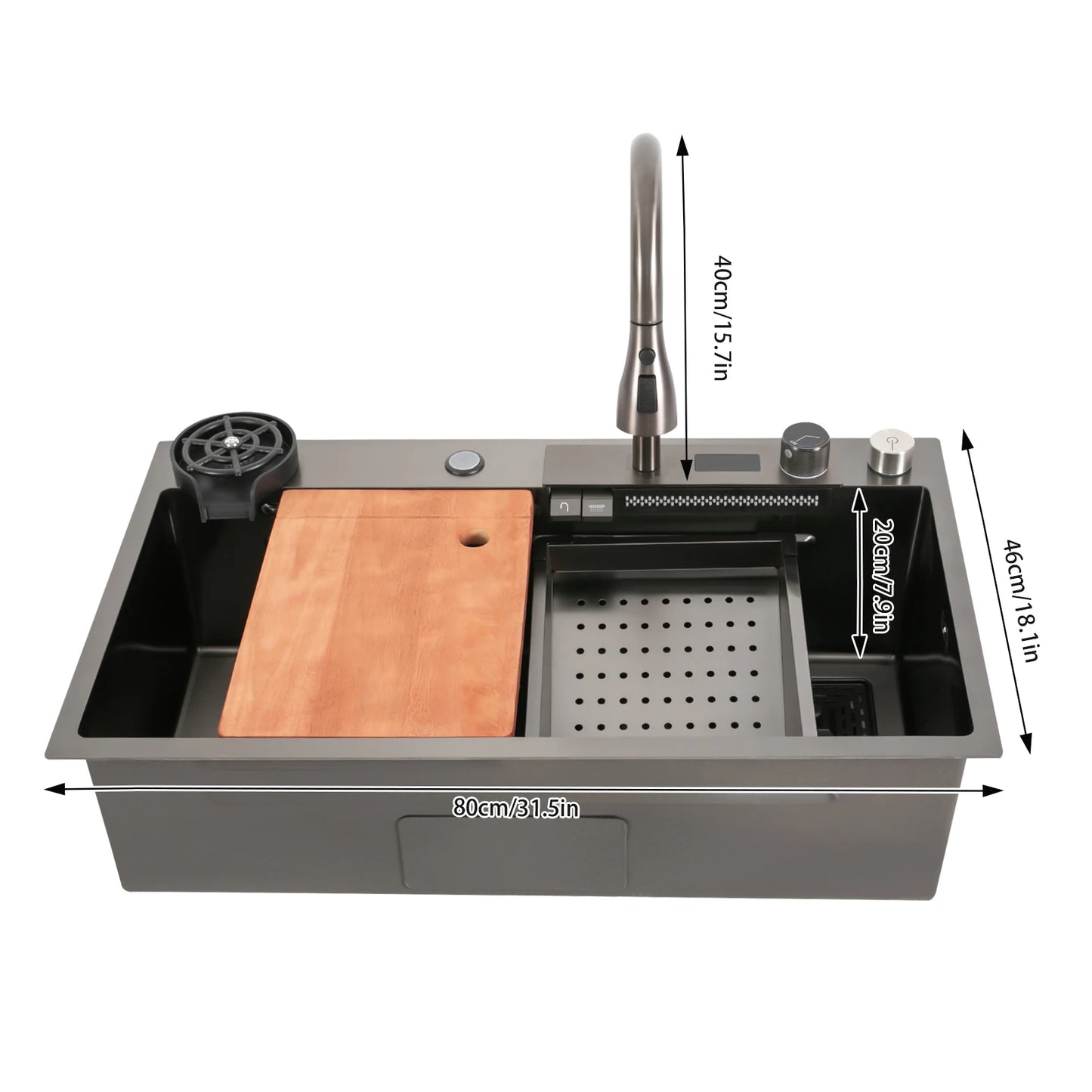 Ruime Keukenspoelbak – Dubbele Spoelbak – Werkstation Spoelbak – Keukenbak – RVS Spoelbak – Digitale Waterval Kraan – Uittrekbare Sproeikop – 80 x 46 cm – Nano Elektrolytische Coating