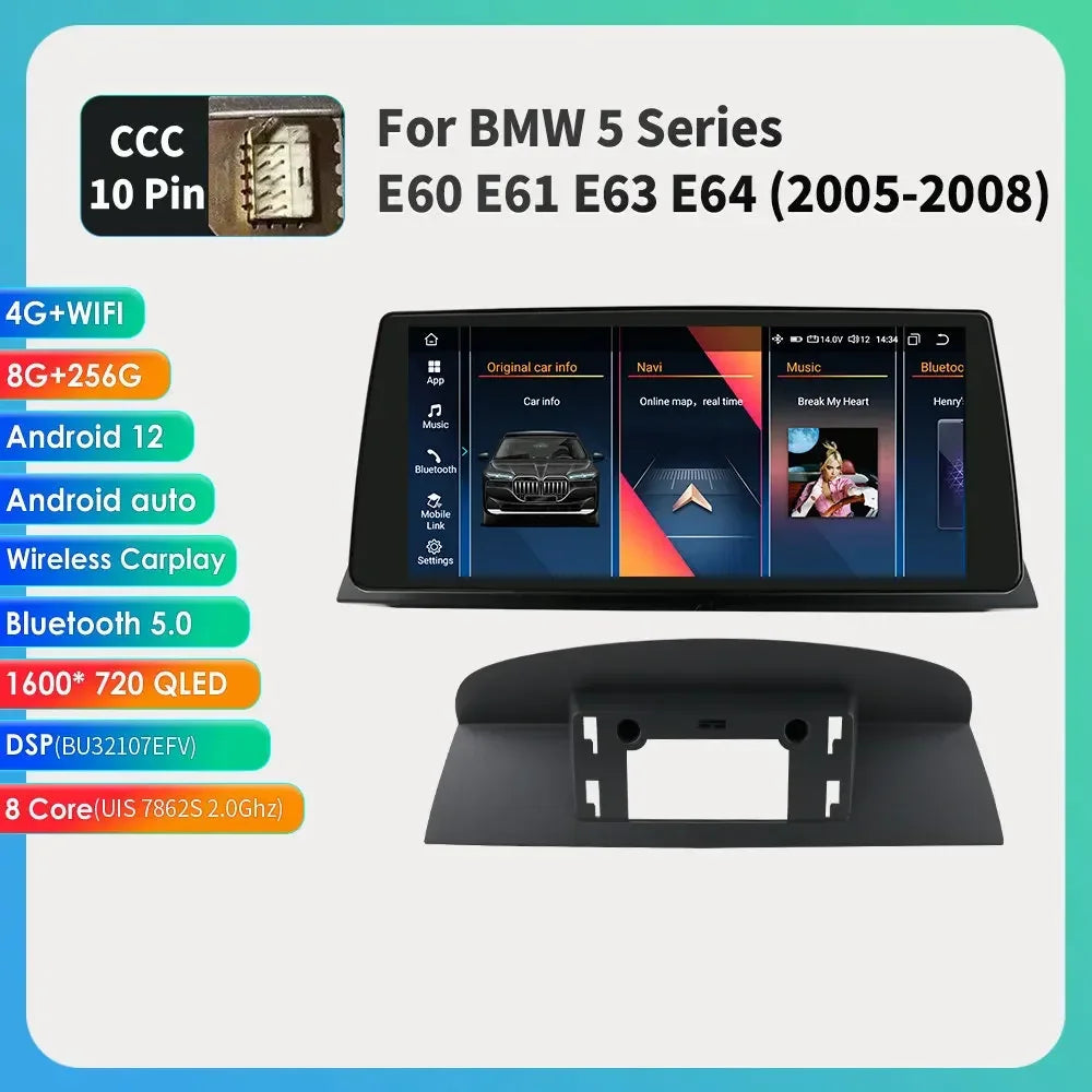 2DIN Android Autoradio – Multimedia Systeem – Navigatie Unit – Touchscreen Radio – Auto Entertainment – 10,33 Inch QLED Scherm – 8GB RAM 128GB Opslag – GPS & CarPlay Support – BMW E60 05-08 CCC Variant