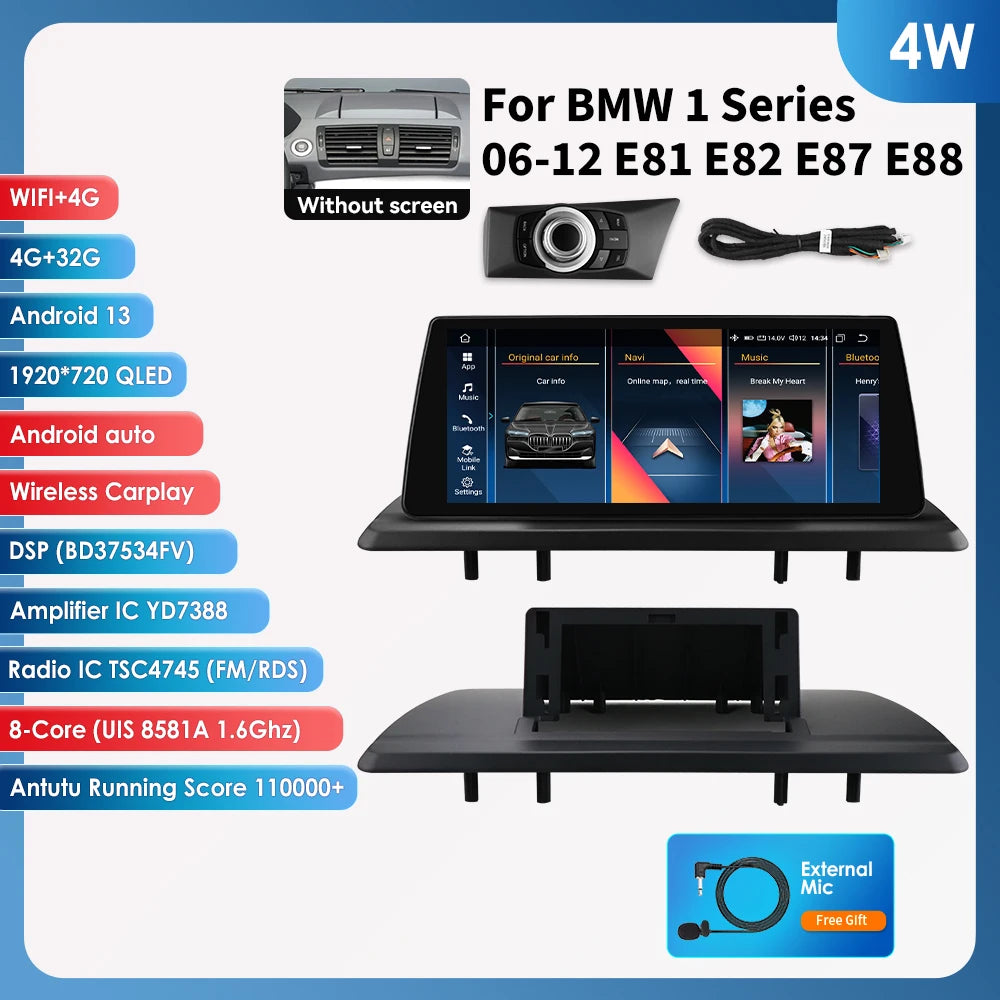 10,25" Autoradio – Multimedia Speler – CarPlay Radio – Android Auto Stereo – Auto Head Unit – Android 13 – 4G Wifi Verbinding – 32GB Opslag – Zonder Origineel Scherm – Geschikt BMW 1 Serie 2006-2012