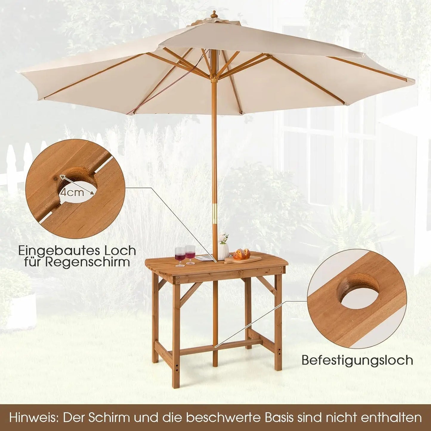 Massieve Houten Tuin Tafel – Buiten Eettafel met Parasolgat – Houten Terrastafel voor Tuin, Terras of Achtertuin – 100 x 60 x 75 cm