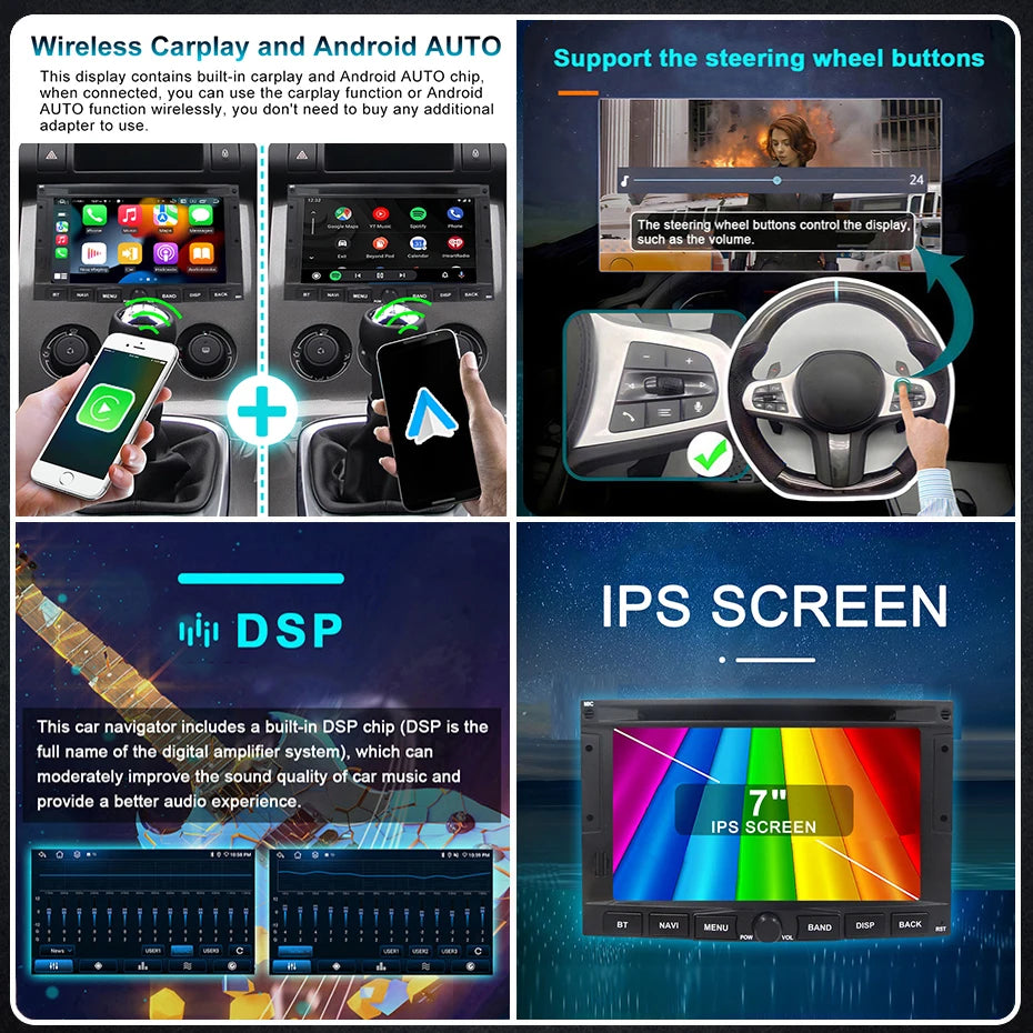 Autoradio – Carplay Autoradio – Multimedia Speler – 2-DIN Radio – GPS Navigatie – 7 Inch Scherm – Android 14 – 4G LTE Connectivity