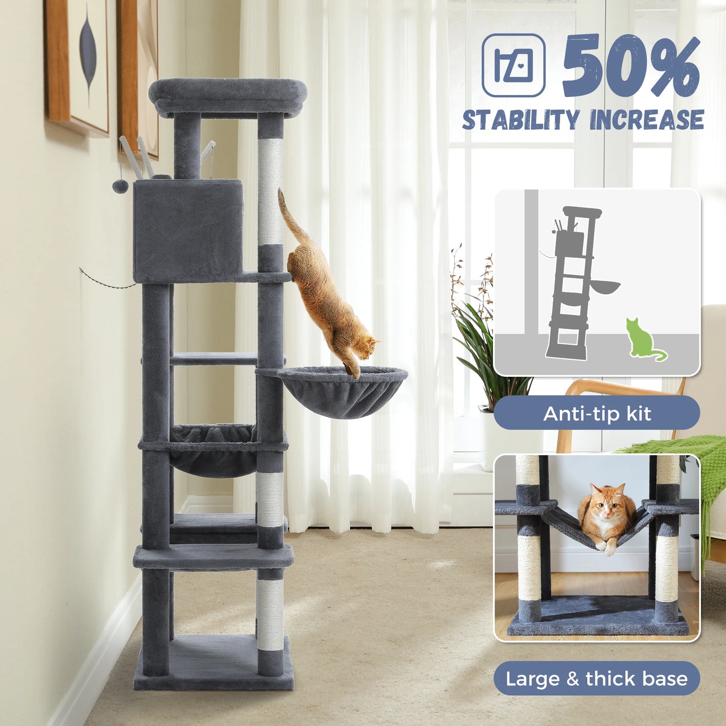 Krabpaal – Kattenboom – Kattenhuis – Kattenmand – Kattenmeubel – 175 cm Hoog – Hout Met Sisal Krabpalen