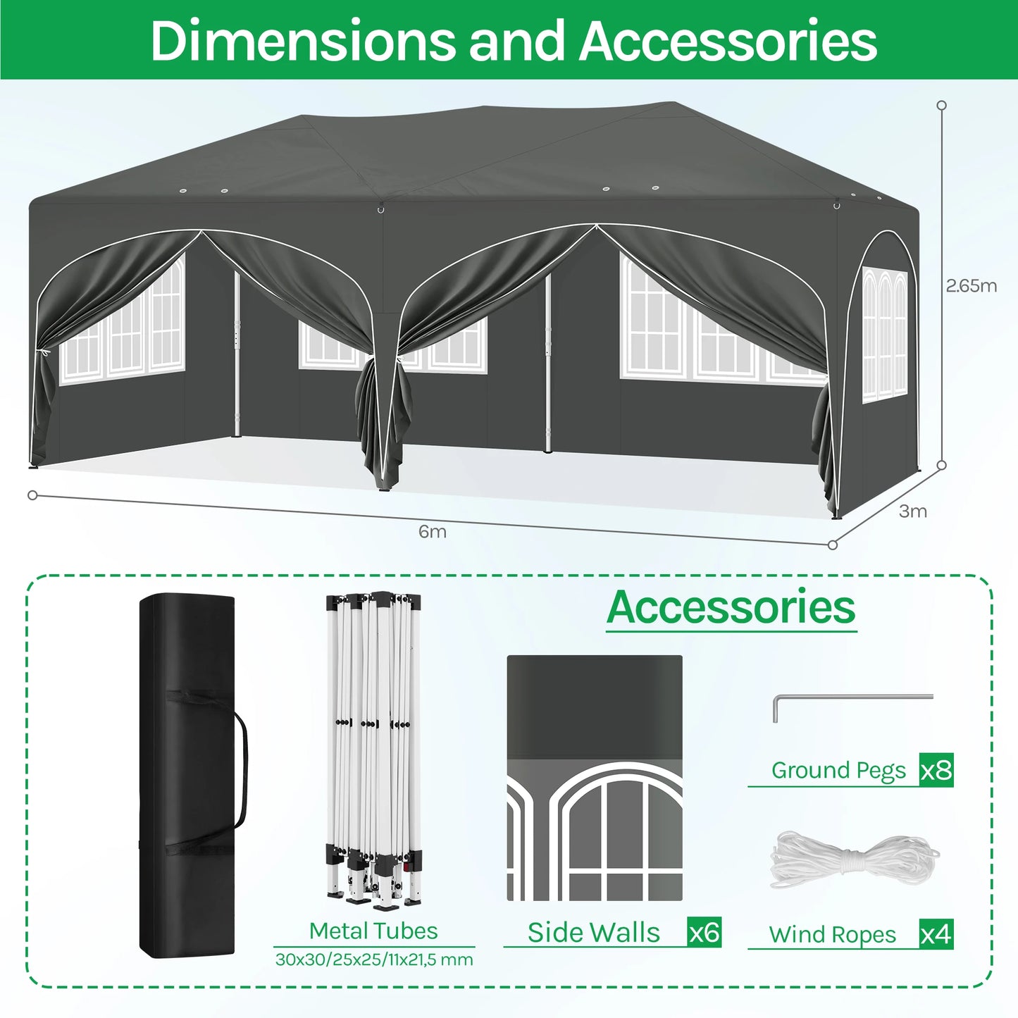 Paviljoen - Tuinpaviljoen - Partytent - Tuintent - Pop-up Kliksysteem - Stabiel - Vouwtent - Opvouwbaar - Weerbestendig - met 6 Zijwanden - 50+UV-Bescherming - voor Tuin - Buiten - Achtertuin - 210D Oxford - 3 x 6 m - Grijs - QUORE